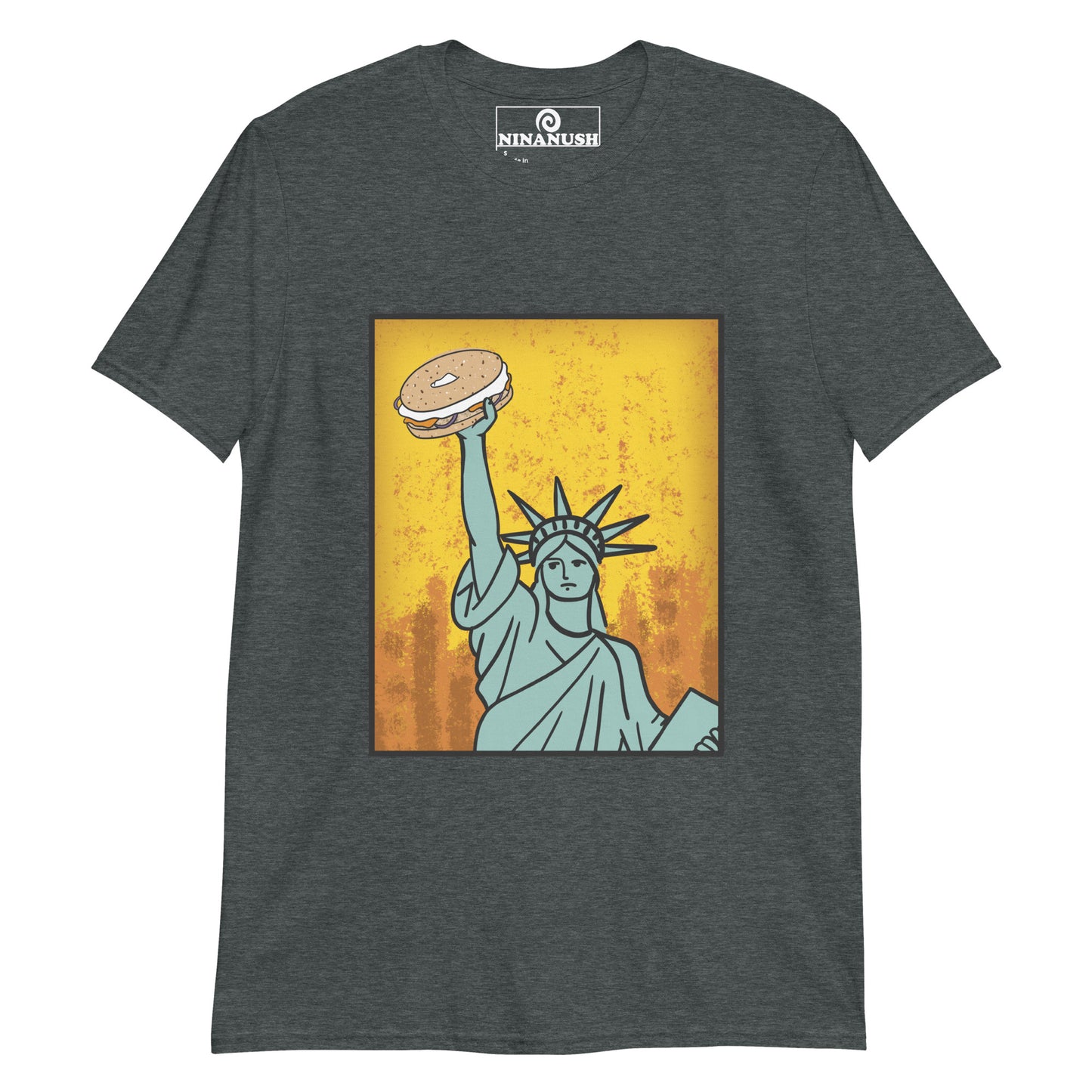 Gray bagel lover graphic tee - Funky Statue of Liberty T-shirt. Eat bagels in style in a funny food t-shirt for bagel lovers. It's a colorful graphic tee with a totally unique hand drawn design of the Statue of Liberty holding a bagel. It's just what every bagel enthusiast needs. Make a statement or give it as a funny gift for bagel lovers. 