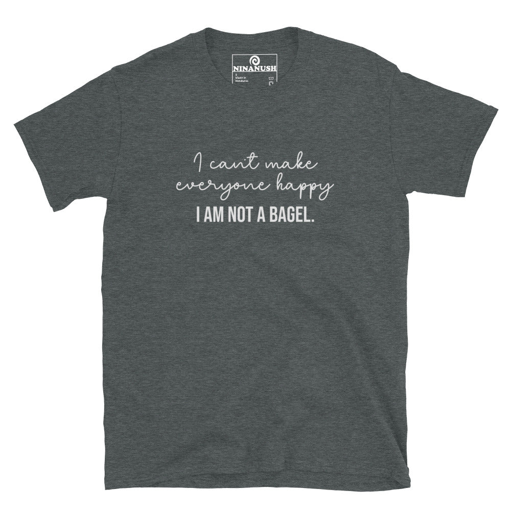 Funny foodie quote for bagel  lovers on gray t-shirt - "I can't make everyone happy, I am not a bagel." This bagel lover t-shirt is a comfortable classic tee with a funny bagel quote on the front. Make a statement and eat bagels in style this weird foodie shirt for bagel enthusiasts. Great for everyday streetwear or a gift for your favorite bagel connoisseur. 