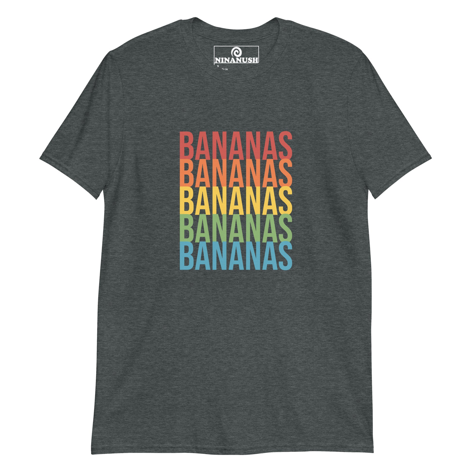 Dark gray colorful banana t-shirt - A classic cotton T-Shirt with the word "banana" printed in bold colors on the front. It's soft, comfortable and made just for you and your favorite banana enthusiast. This funny food shirt is designed for banana lovers and makes a unique gift for foodies of all kinds. Celebrate your favorite foods in our foodie apparel.