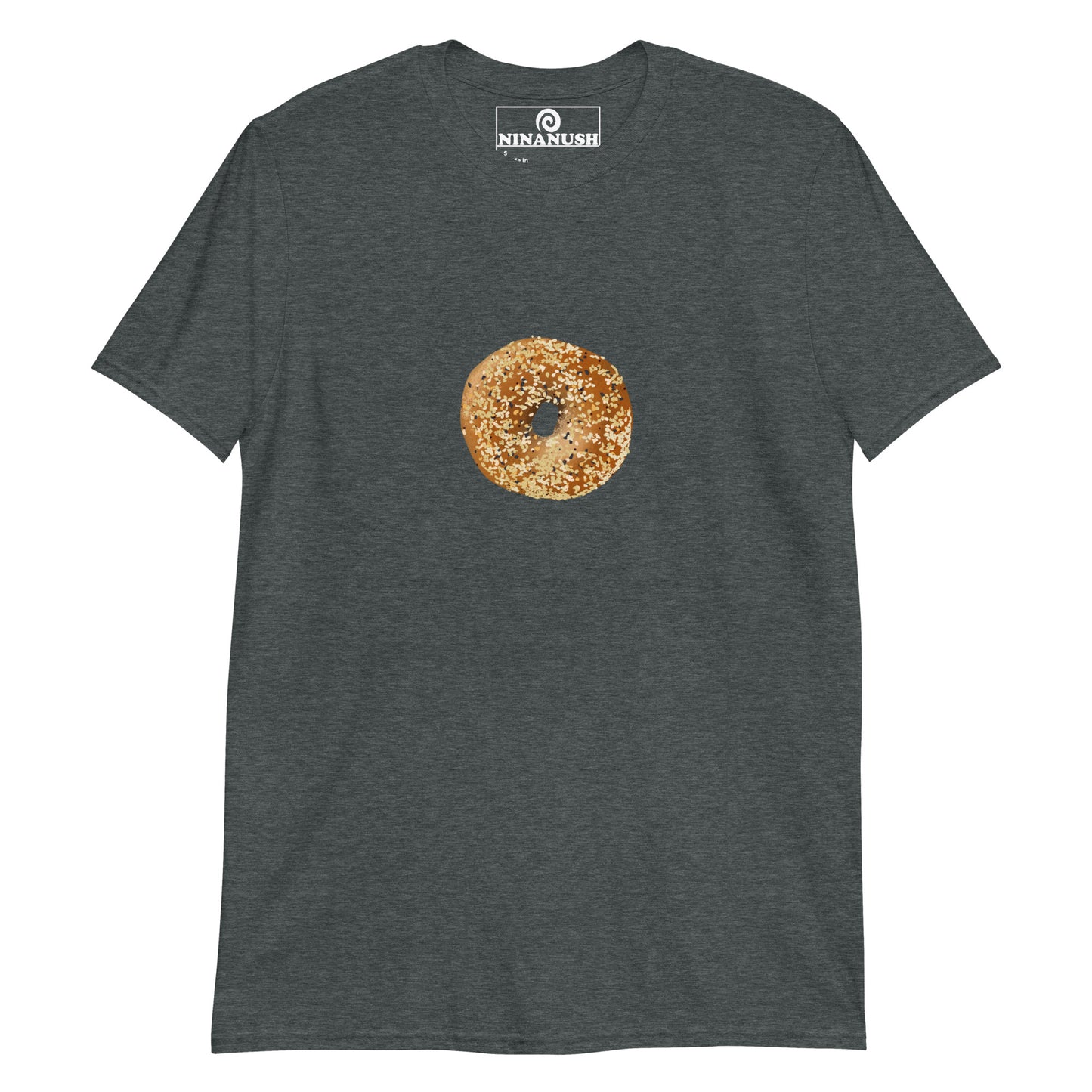 Dark gray bagel shirt - A unique everything bagel shirt for bagel enthusiasts. It's a cotton t-shirt with an everything bagel printed on the front. The perfect funny foodie shirt for bagel lovers or gift for foodie. Eat bagels in this statement bagel shirt or find the perfect funny bagel graphic tee or accessory in our bagel lover apparel.