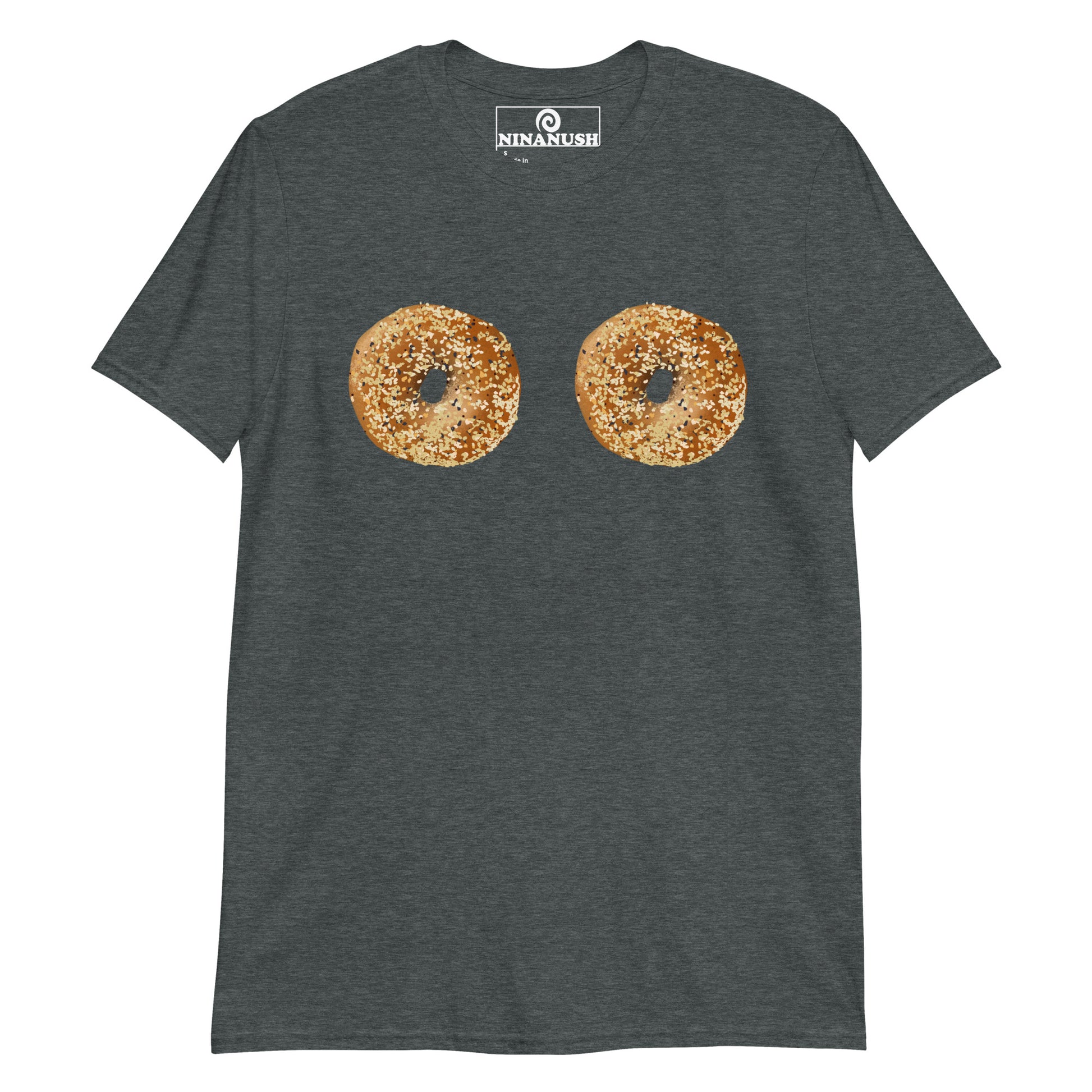 Gray funny bagel shirt - A bagel lover t-shirt with two everything bagels on the boobs. It's a unique bagel graphic tee that's soft, comfortable and made just for you. Wear this statement foodie tee or give it as a funny gift for a bagel enthusiast. Celebrate your favorite foods in our bagel lover clothing and accessories.