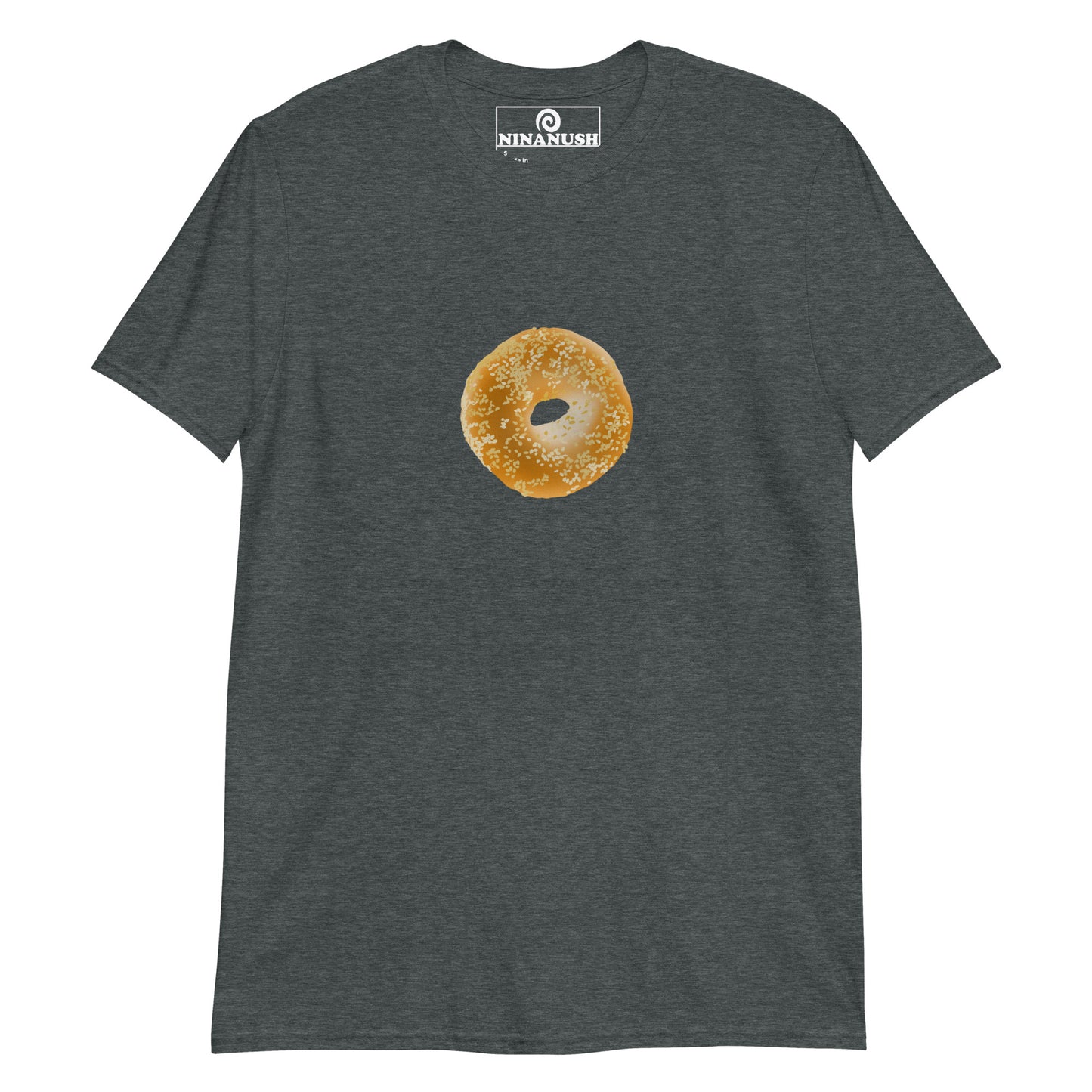 Dark gray bagel shirt - A sesame bagel printed on a classic cotton t-shirt. It's a soft and comfortable shirt for bagel enthusiasts. This funny food shirt is designed for bagel addicts and makes a statement gift for bagel lovers and unusual shirt for foodies of all kinds. Eat your favorite sesame bagel in this unique bagel graphic t-shirt. 