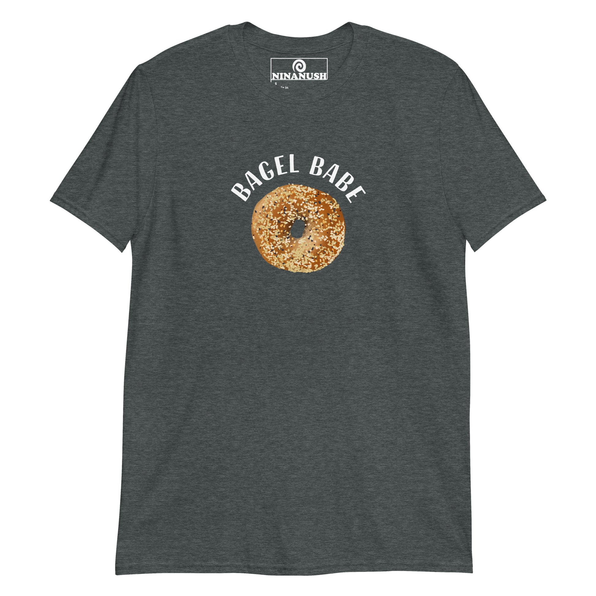 Dark gray bagel babe shirt - An everything bagel shirt with the words "BAGEL BABE" on the front. It's soft, comfortable and made just for you and your favorite bagel enthusiast. This funny bagel lover t-shirt makes a unique gift for foodies of all kinds. Eat bagels and make a statement in this bagel babe shirt or shop our funky bagel apparel.