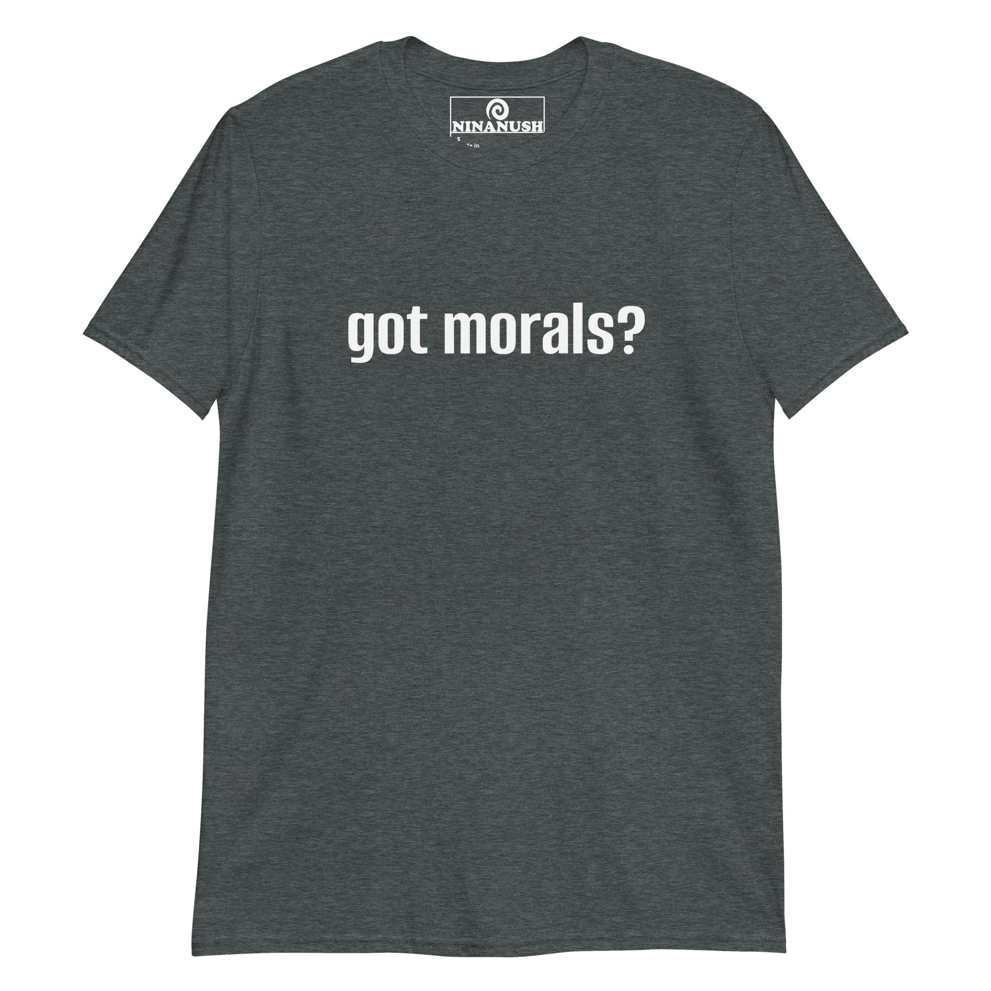 Gray got morals t-shirt - A got morals? shirt that's soft, comfortable and made just for you. It's a classic cotton tee with the words "got morals?" printed on the front. This statement t-shirt is meaningful, stands out and makes a unique gift for ethical vegans or t-shirt for activists of all kinds. A sarcastic got milk t-shirt for vegans.