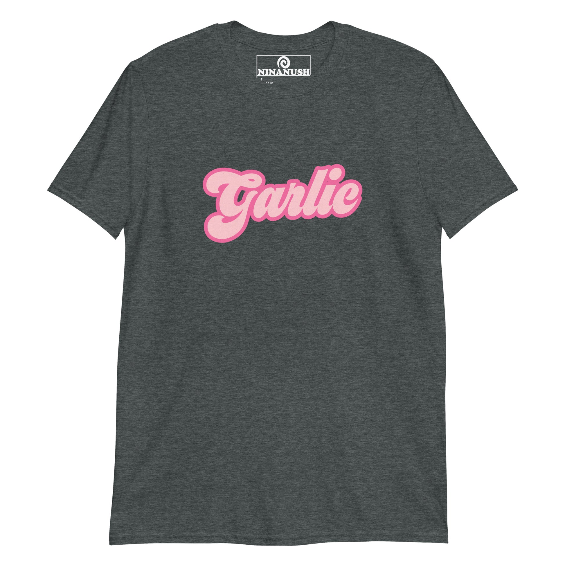 Dark gray Barbie t-shirt for garlic lovers - A funny Barbie t-shirt for foodies. It's a classic cotton tee with "Garlic" printed in pink. It's a weird graphic tee for garlic enthusiasts that stands out. This funny garlic t-shirt makes a gift for garlic lovers and a quirky shirt for foodies of all kinds. Eat garlic in unique garlic lover statement t-shirt.