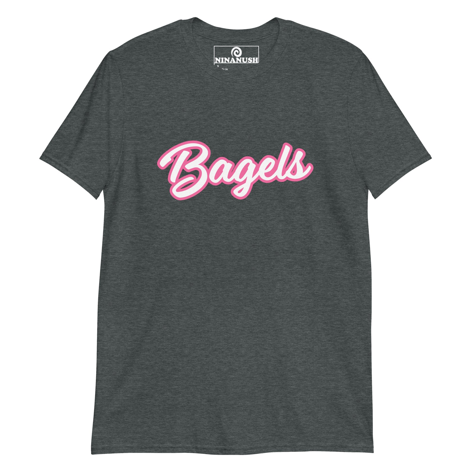 Dark gray bagel lover t-shirt in gray - A funny Barbie style t-shirt for bagel lovers. It's a classic cotton tee with the word "Bagels" printed in pink and white on the front. It's soft, comfortable and made just for you and your favorite bagel enthusiast. This funny bagel t-shirt makes a unique gift for bagel lovers and a quirky shirt for foodies of all kinds. 