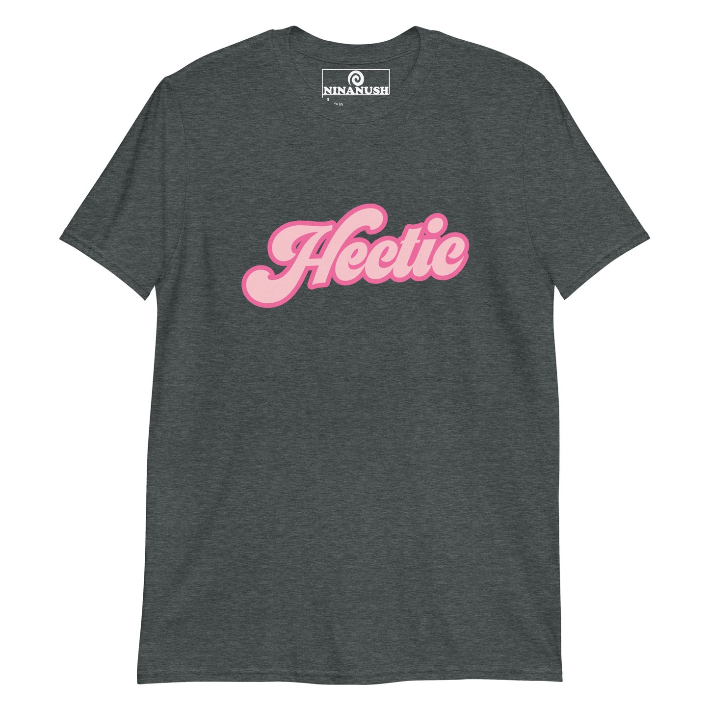 Gray hectic t-shirt - A classic cotton tee with the word "Hectic" printed on the front in pink. It's a unique t-shirt that's soft, comfortable and made just for you. Stand out in this hectic graphic tee or give it as a funny gift for a hectic friend. It's a weird statement shirt that you can't find anywhere else. Stay hectic in style.