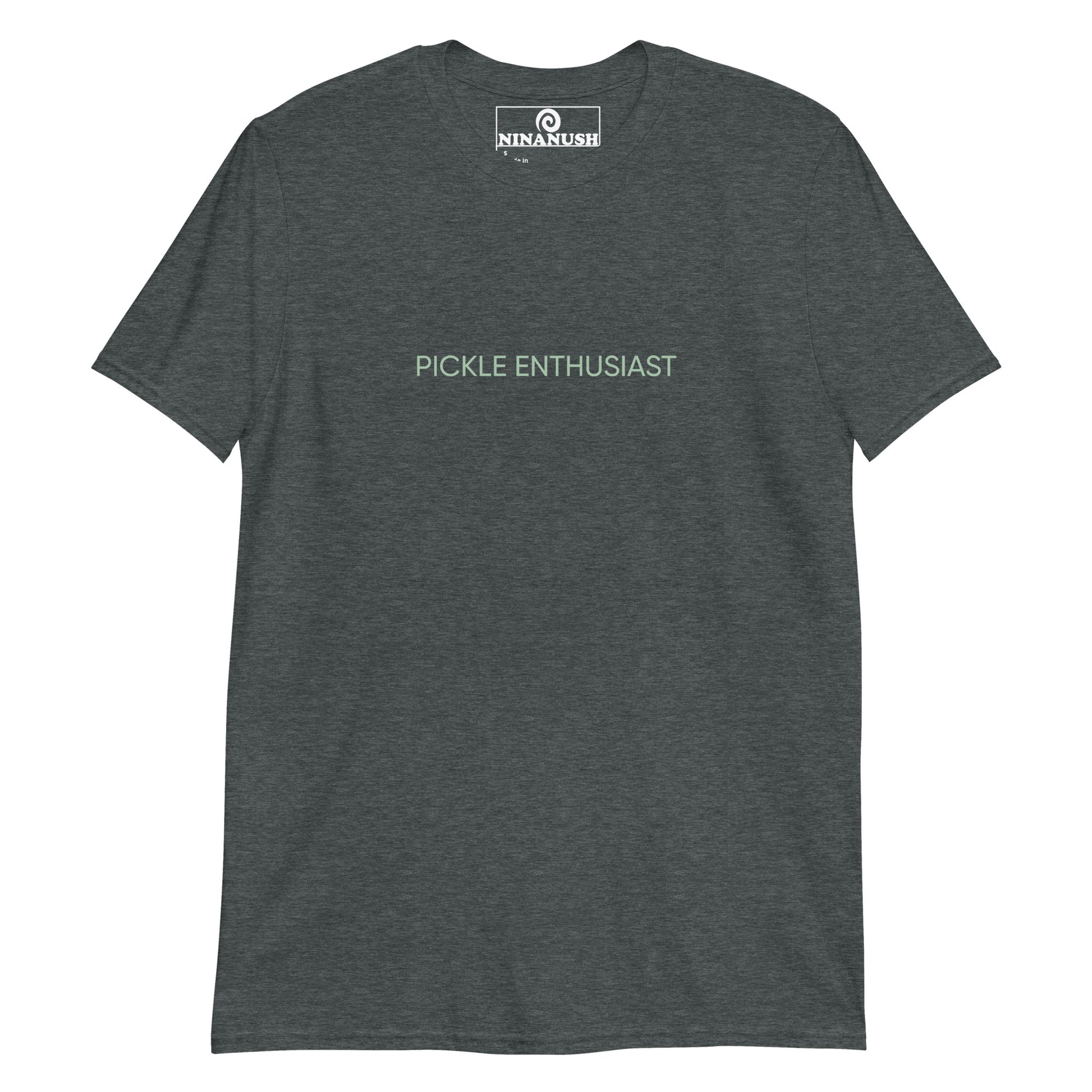 Dark gray pickle enthusiast - A unique pickles T-Shirt for foodies and pickle enthusiasts. With the words "PICKLE ENTHUSIAST" printed in pickle green on the front, this unusual foodie tee makes a statement. It's a soft, comfortable shirt for passionate pickle aficionados. It's a unique gift for pickle lovers and weird shirt for foodies of all kinds.