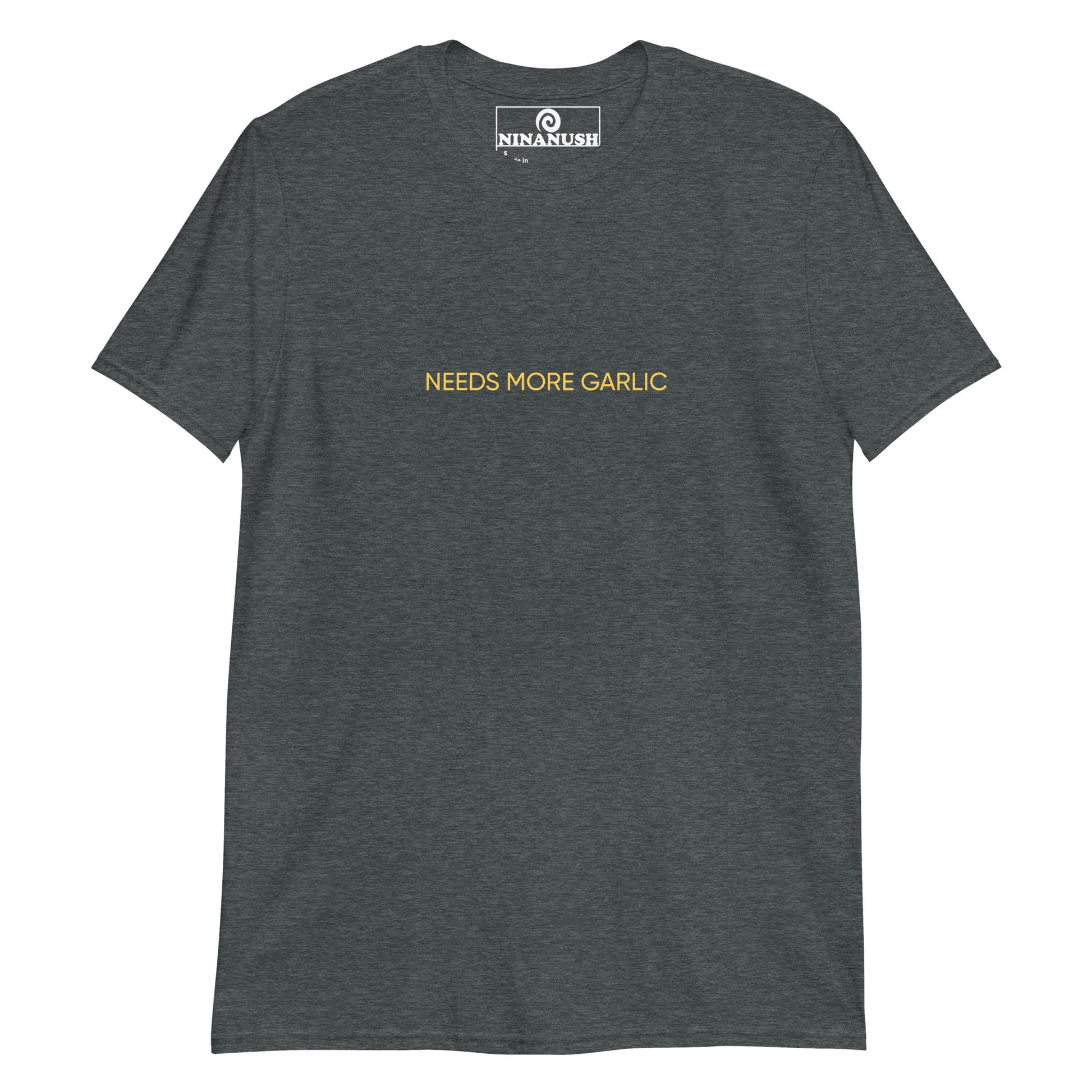 Dark gray needs more garlic t-shirt from Nina's Funky Shop by ninanush - Attention all garlic enthusiasts! We have the perfect shirt for you This quirky t-shirt is designed for the garlic lover in you. Eat your favorite garlicky foods in style with this funny foodie shirt. It's a cotton shirt that's soft and comfortable with an eye catching yellow design for passionate garlic lovers.