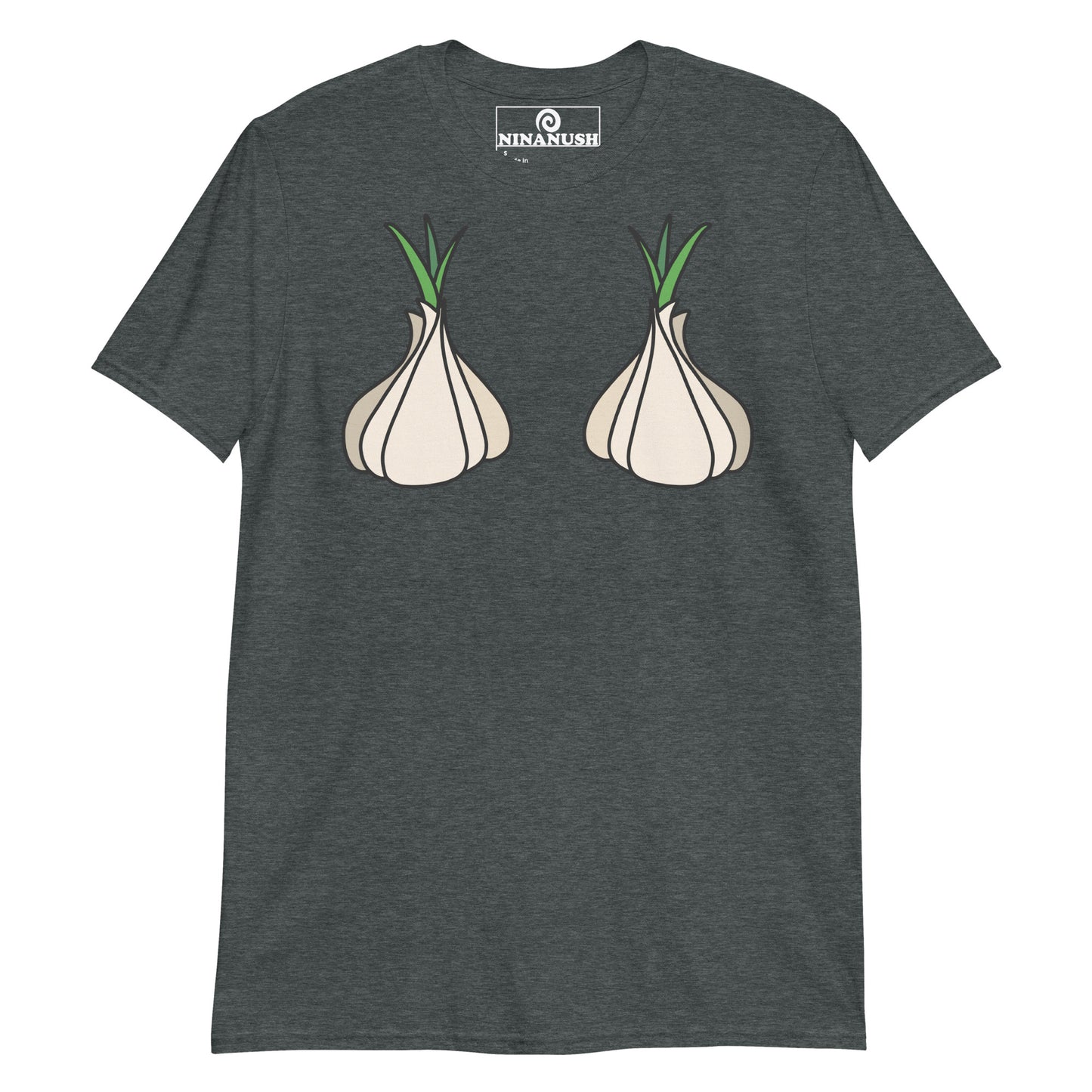 Dark gray garlic boobs t-shirt from Nina's Funky Shop by ninanush - This funny garlic head shirt is designed for garlic lovers and made for you. It's a a soft and comfortable cotton t-shirt with garlic on the chest. A unique foodie t-shirt designed for passionate garlic aficionados. Wear this garlic boob t-shirt on everyday outings or give it as a funny gift for a garlic enthusiast. 