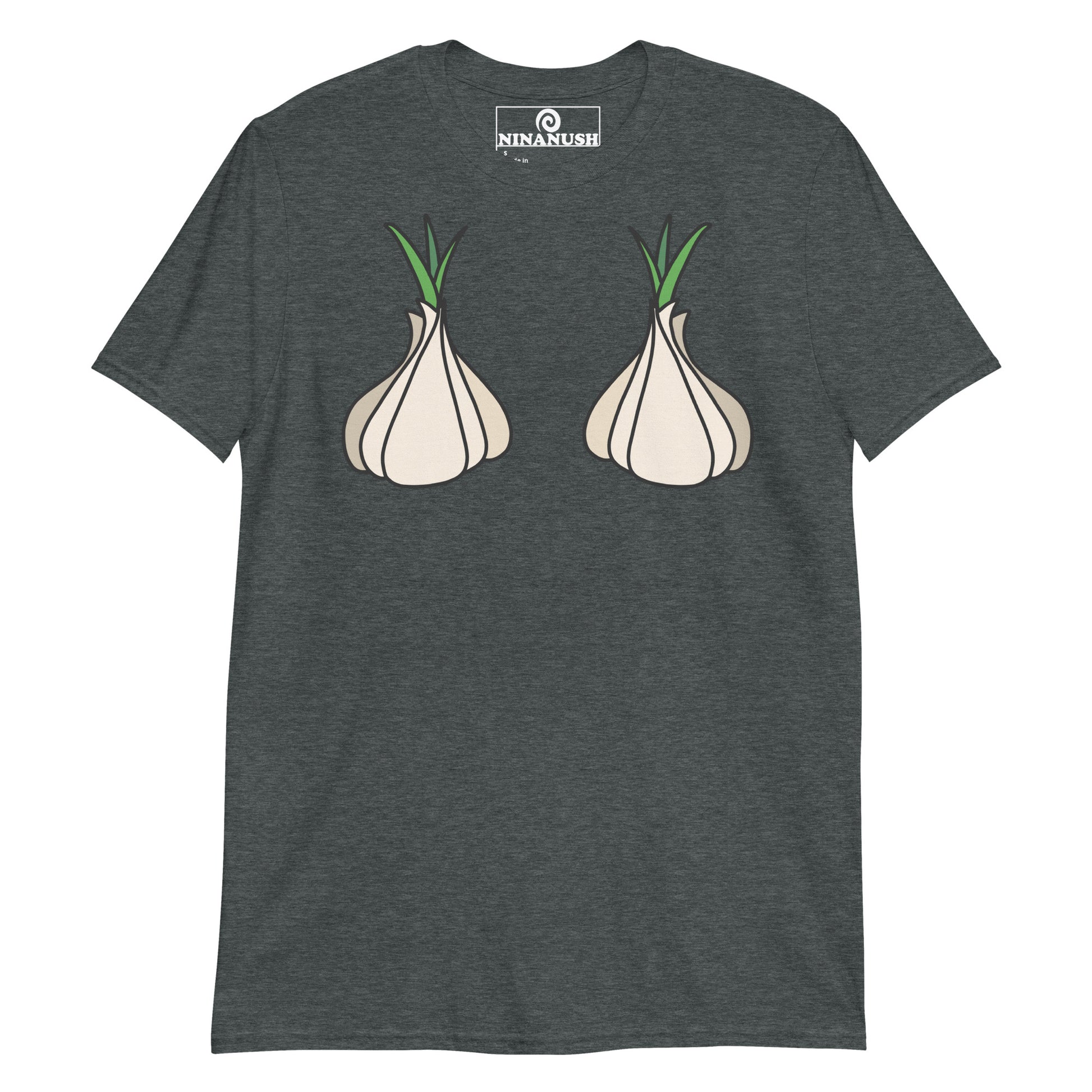 Dark gray garlic boobs t-shirt from Nina's Funky Shop by ninanush - This funny garlic head shirt is designed for garlic lovers and made for you. It's a a soft and comfortable cotton t-shirt with garlic on the chest. A unique foodie t-shirt designed for passionate garlic aficionados. Wear this garlic boob t-shirt on everyday outings or give it as a funny gift for a garlic enthusiast. 