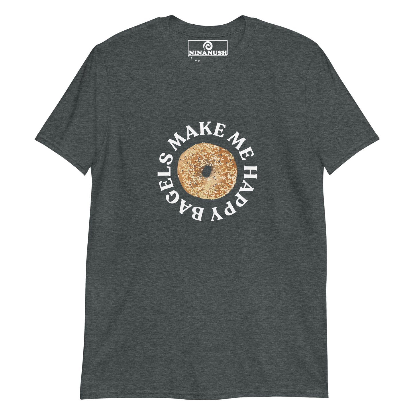 Gray bagel lover t-shirt from Nina's Funky Shop by ninanush - This everything bagel t-shirt for bagel lovers is a soft and comfortable cotton t-shirt with a bagel and the words "Bagels make me happy". A unique foodie t-shirt for passionate bagel aficionados. Wear this statement bagel lover t-shirt on everyday outings or give it as a funny gift for a bagel enthusiast like you.