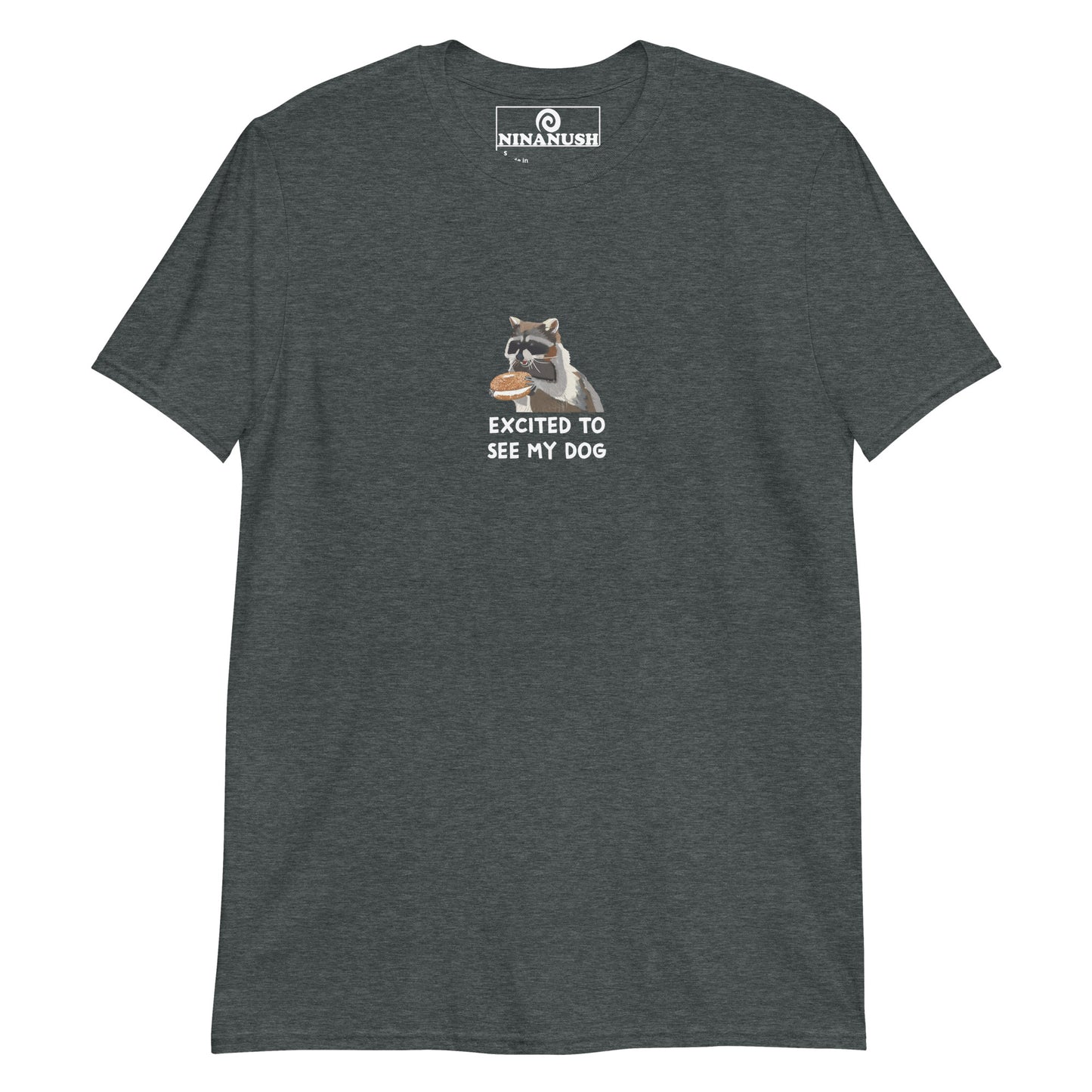 Gray dog and raccoon t-shirt from Nina's Funky Shop by ninanush - A classic cotton tee for dog lovers and raccoon enthusiasts. It's a unique raccoon tee with the words "Excited to see my dog" and a little raccoon holding a bagel. Eat bagels in style in this weird graphic tee or give it as a quirky gift to your favorite raccoon lover.