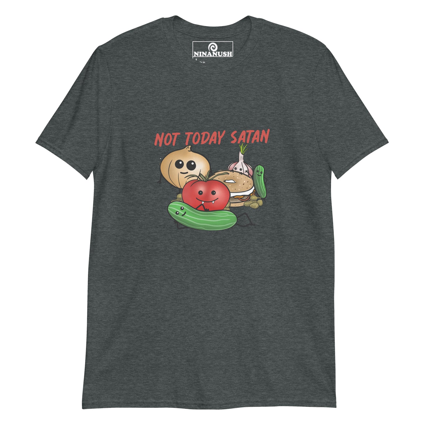 Gray not today satan t-shirt with cute veggies and bagel from Nina's Funky Shop by ninanush - "Not Today Satan" This funny everything bagel and veggies t-shirt is soft, comfortable and made just for you with the words "Not today Satan" printed in red. It's a unique foodie t-shirt designed for passionate bagel aficionados and quirky t-shirt lovers of all kinds.