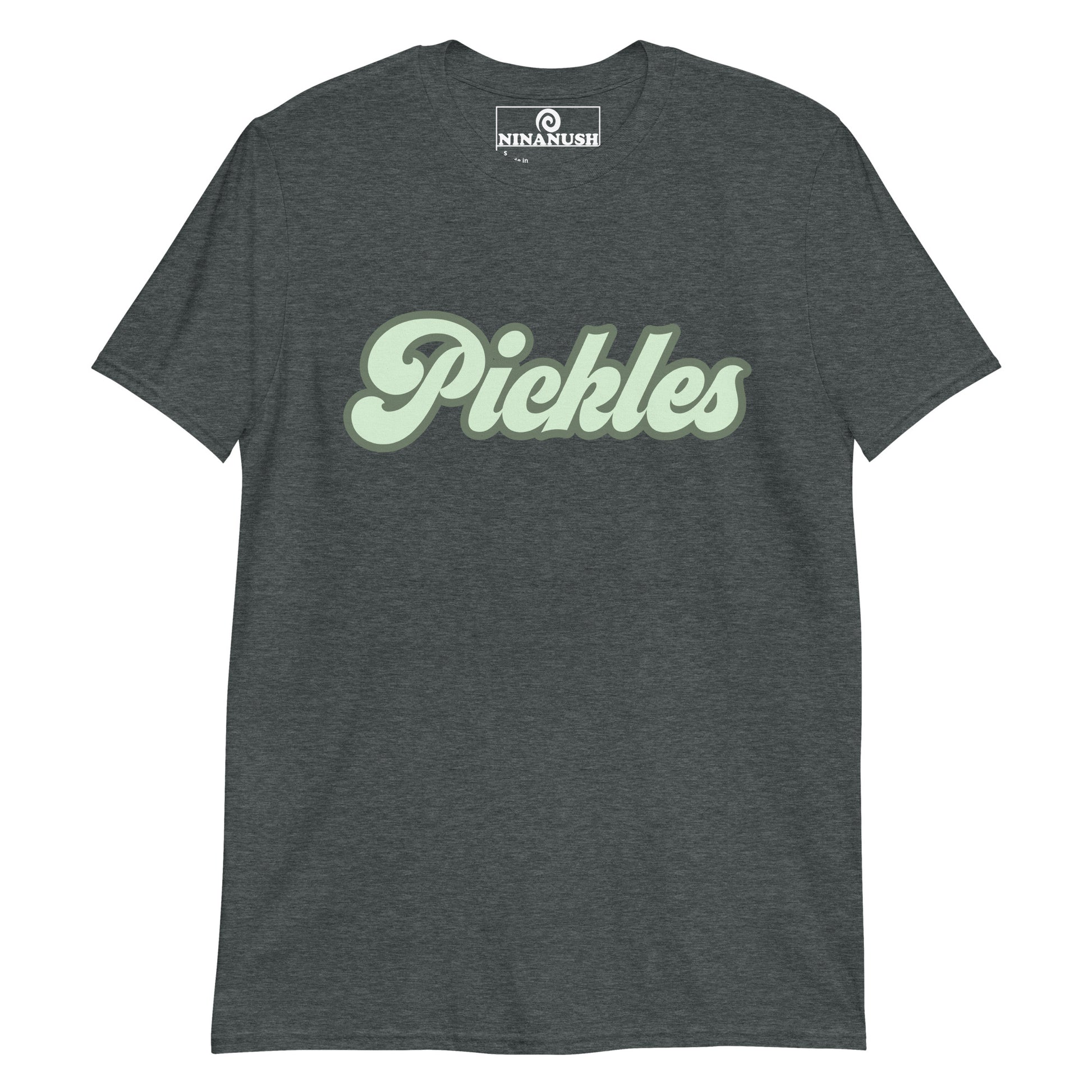 Gray pickles t-shirt from Nina's Funky Shop by ninanush - This funny pickle lover t-shirt is soft, comfortable & made just for you with the word "Pickles" printed in a vintage green design. It's a unique foodie t-shirt designed for passionate pickle enthusiasts and quirky t-shirt lovers of all kinds. Eat pickles in this weird pickle tee or give it as a gift for a pickle lover.