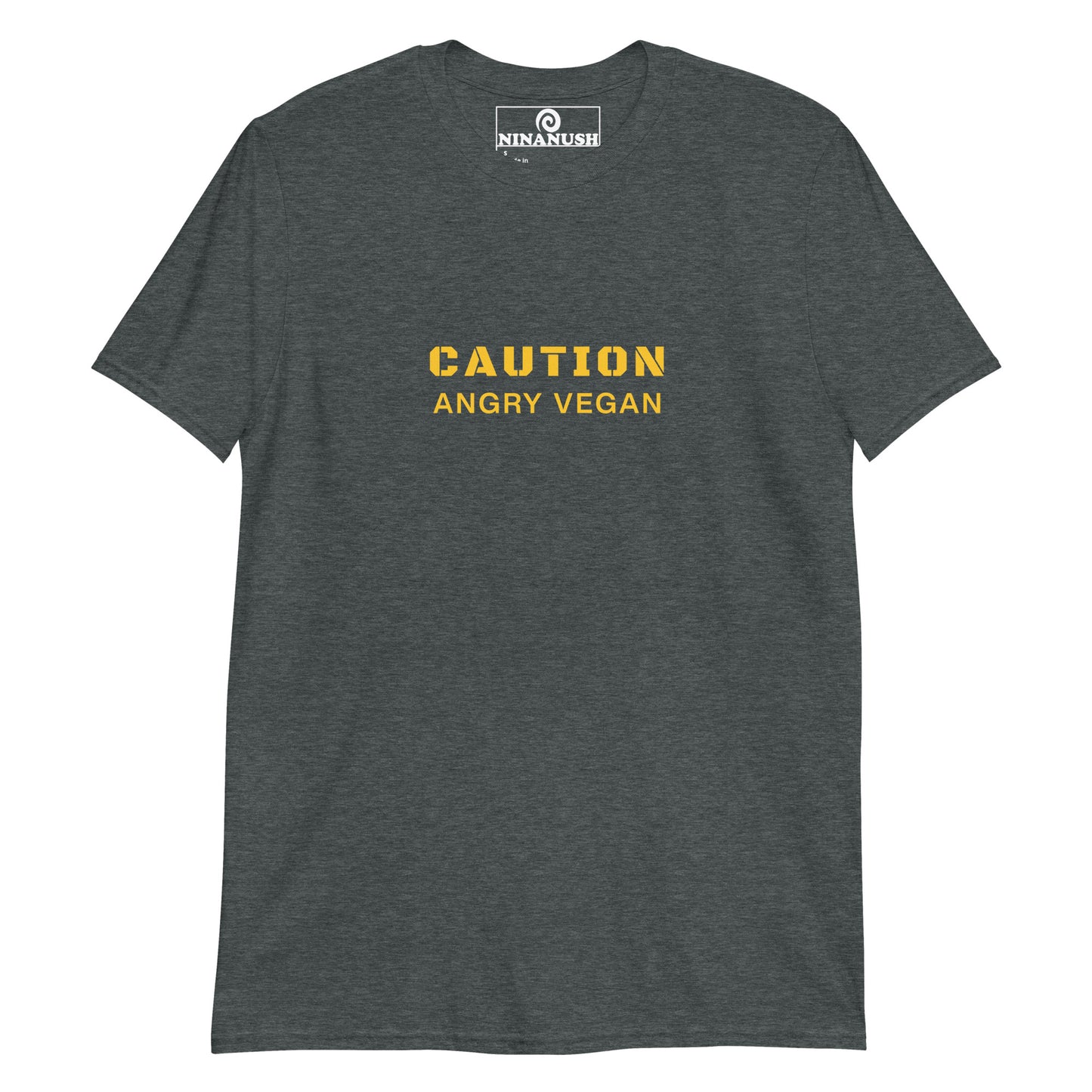 Dark gray caution angry vegan t-shirt from Nina's Funky Shop by ninanush - This funny vegan activist t-shirt is soft, comfortable and made just for you with the words "Caution Angry Vegan" printed in yellow on the front. It's a unique vegan t-shirt for people with a conscience and a sense of humor. Wear it as an everyday unique vegan tee or give it as a gift for a plant based friend.