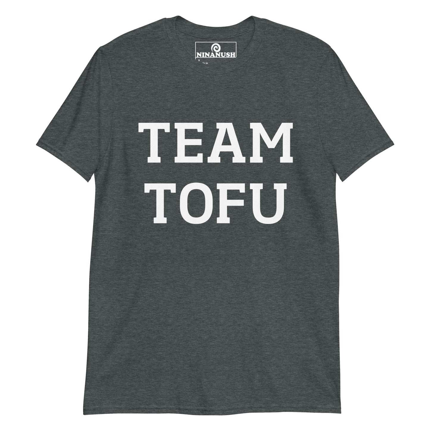 Dark gray team tofu t-shirt from Nina's Funky Shop by ninanush - Stand out and make a statement in our team tofu t-shirt. It's a funny shirt for plant based foodies and tofu lovers of all kinds. This cotton vegan tee is soft, comfortable, designed for tofu lovers and made just for you. Wear this tofu enthusiast t-shirt or give it as a funny gift for your favorite vegan activist.