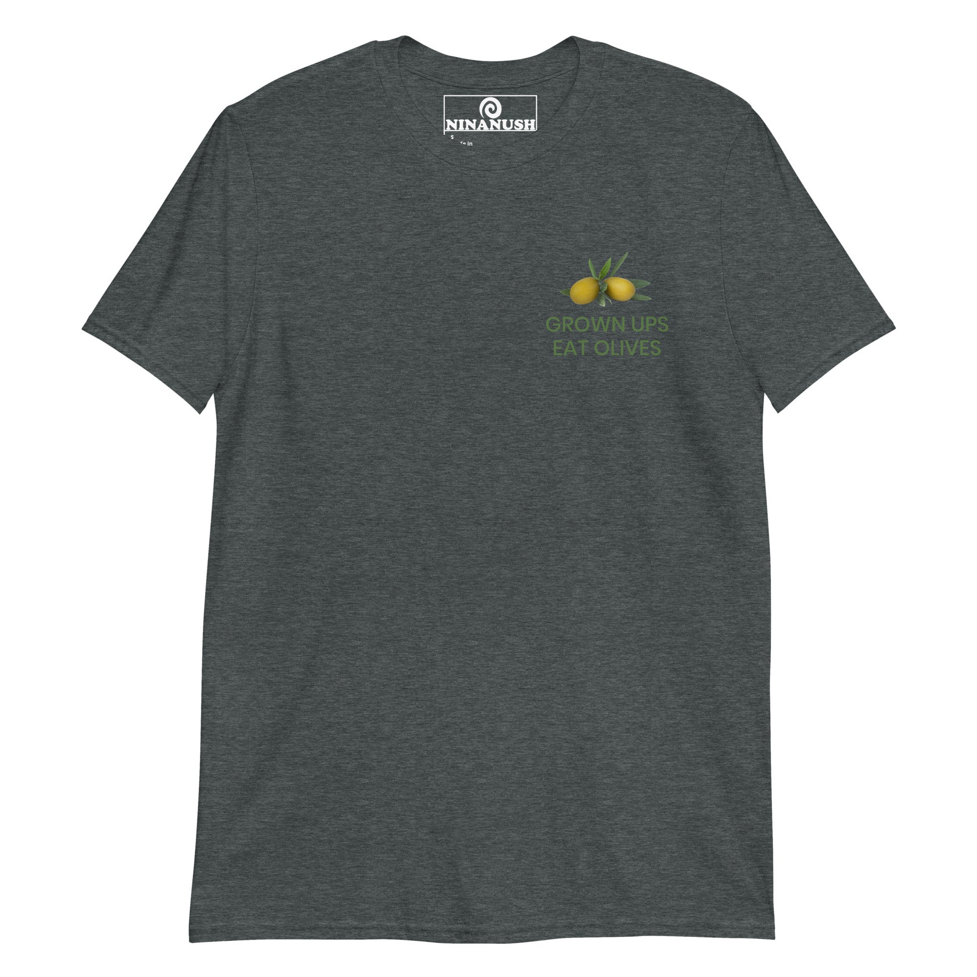 Dark gray grown ups eat olives t-shirt from Nina's Funky Shop by ninanush - A quirky cotton tee with a green olive design and a funny saying about olives. It's the perfect funny t-shirt for olive lovers and foodies of all kinds or a sarcastic t-shirt for olive haters. Make a bold statement with this funny food t-shirt or give it as a weird and unique gift to your favorite olive enthusiast.