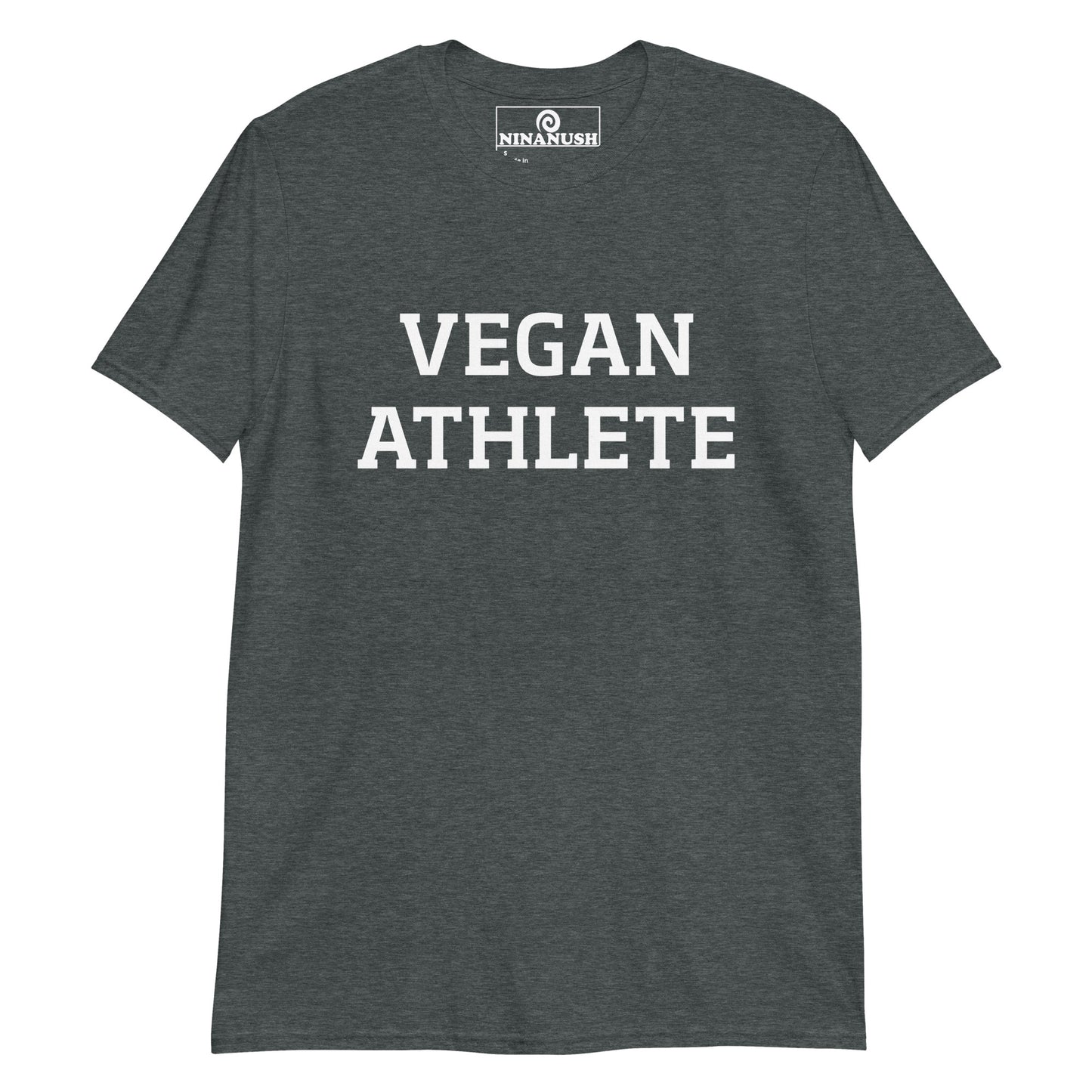 Dark heather gray vegan athlete t-shirt from Nina's Funky Shop by NInanush - This "vegan athlete" t-shirt is meaningful and a bold statement tee for vegans. It's a soft and comfortable t-shirt that's designed for vegans and made just for you. Show off your plant based enthusiasm, stand out and stand up for the animals in this vegan activist t-shirt or give it as a gift for a vegan athlete.