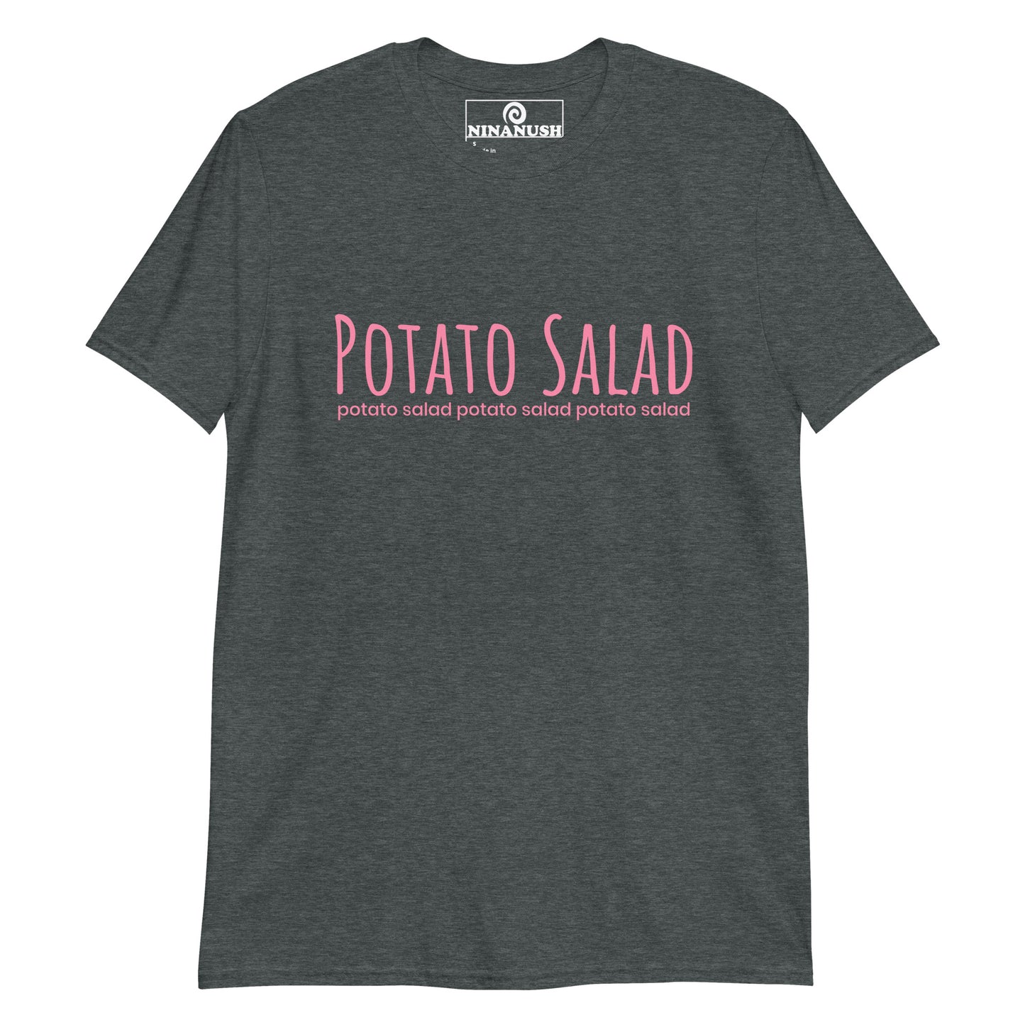 Heather gray potato salad t-shirt from Nina's Funky Shop by ninanush - The "Potato Salad T-Shirt." This funny food shirt is designed for the potato salad lover in you. Now you can eat your favorite potato salad in style with this unique foodie graphic tee. This cotton shirt is soft and comfortable with an eye catching pink design. The perfect gift for a potato salad enthusiast and foodies of all kinds.