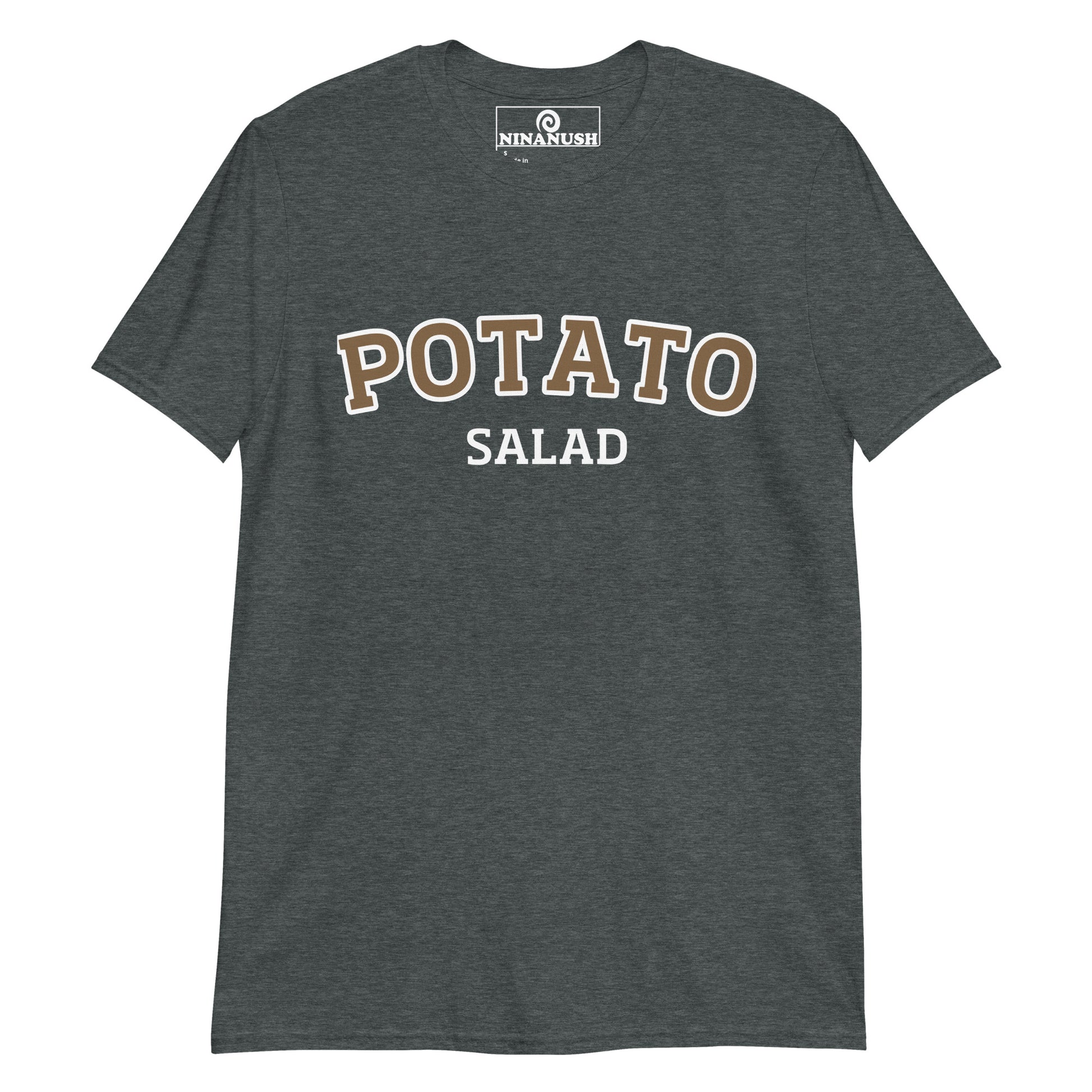 Heather gray potato salad t-shirt from NIna's Funky Shop by ninanush - A funny food shirt, designed for potato salad lovers and foodies of all kinds. Now you can eat your favorite potato salad in style with this unique foodie graphic tee. It's soft and comfortable with an eye catching brown and white design. The perfect gift for a potato salad enthusiast or a quirky tee for everyone.