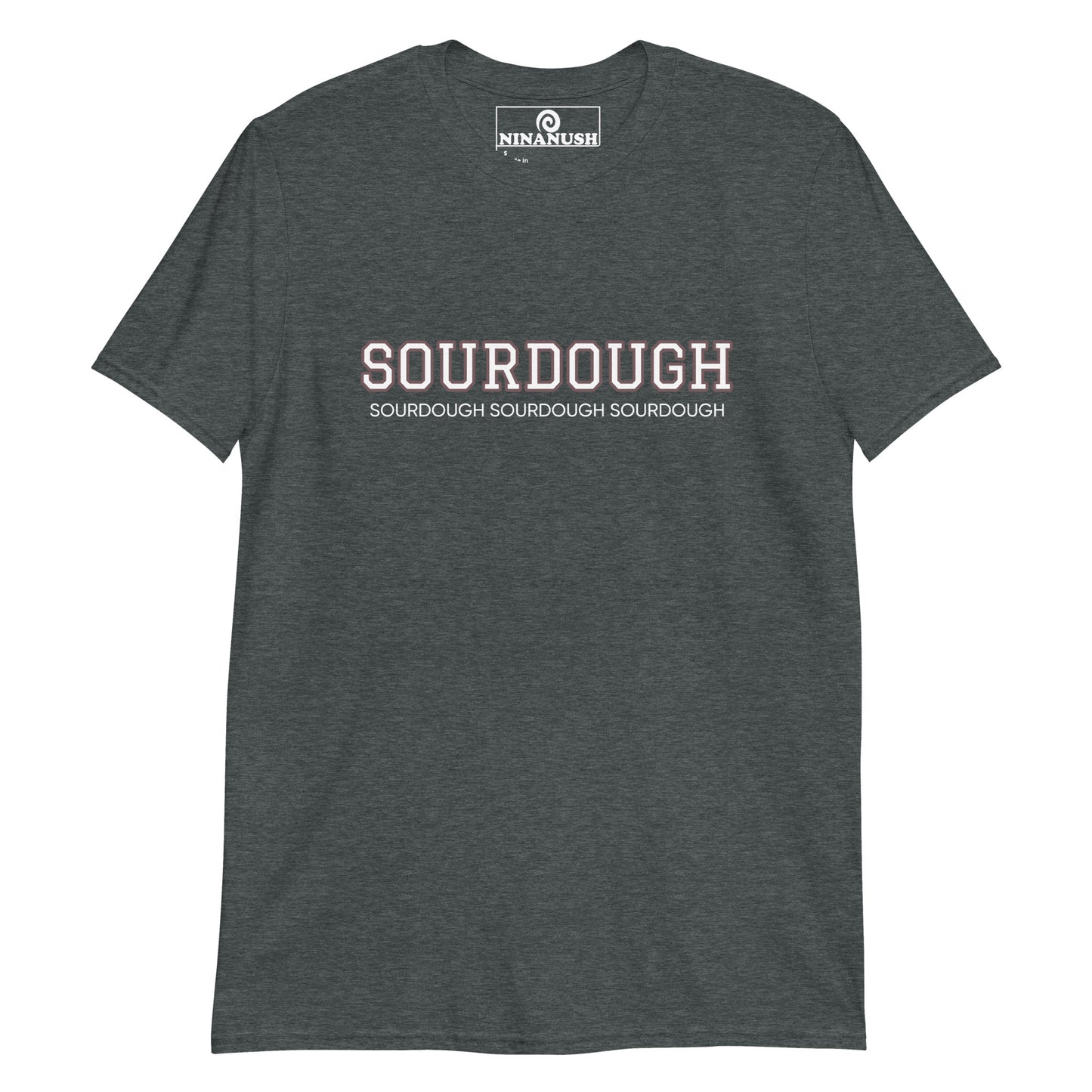 Heather gray sourdough t-shirt from Nina's Funky Shop by ninanush - A sourdough t-shirt that's designed for sourdough lovers and foodies. Eat your favorite sourdough in style with this unique foodie tee. This cotton shirt is soft and comfortable with an eye catching brown and white design. The perfect gift for a sourdough enthusiast or a quirky tee for bread lovers of all kinds.