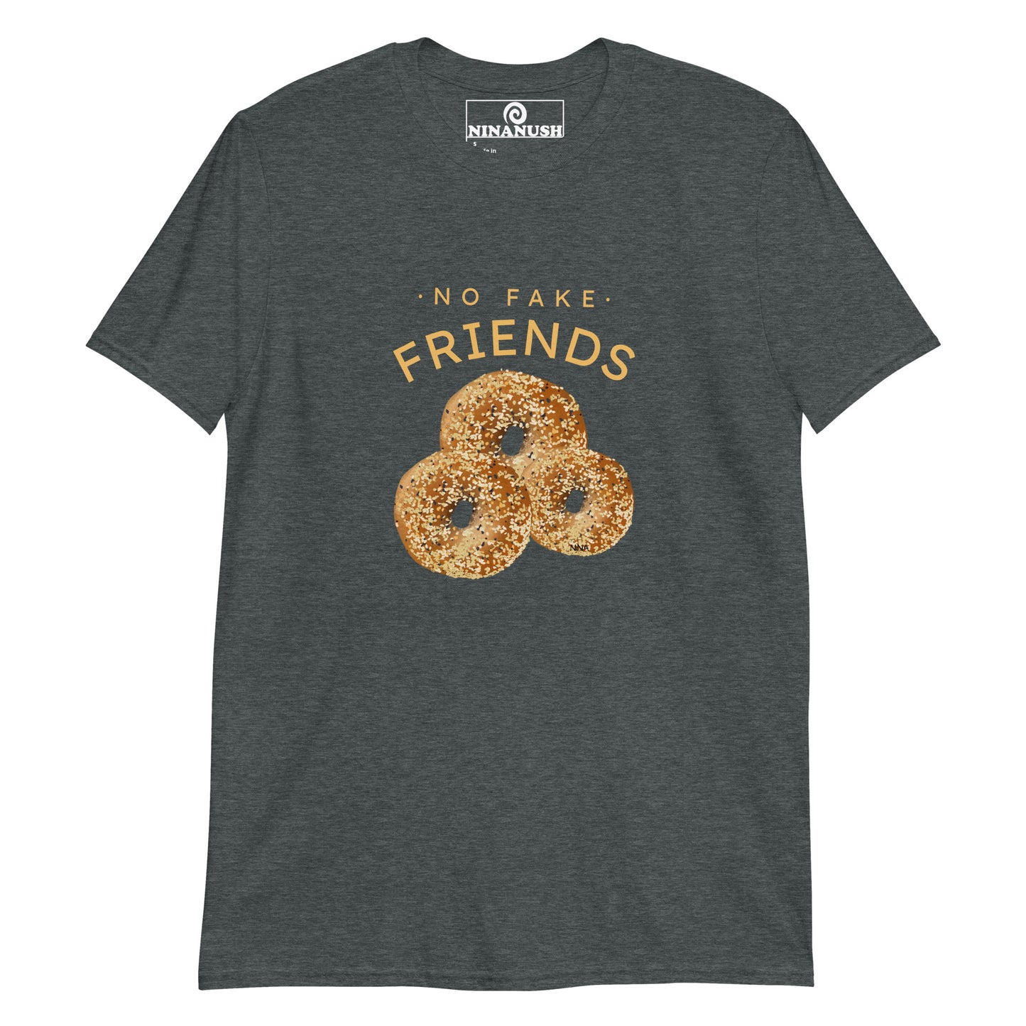 Heather gray no fake friends shirt from Nina's Funky Shop by ninanush - This "no fake friends" shirt is designed for bagel lovers with unique everything bagels, hand-drawn by Nina. Eat bagels and make a statement in this bagel enthusiast t-shirt. It's soft, comfortable, and made just for you. Stand out in this quirky t-shirt or give it as a gift for a bagel lover or foodie of all kinds.