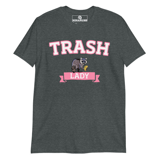 Heather gray trash lady t-shirt with raccoon eating a taco from Nina's Funky Shop by ninanush - The pink trash lady raccoon t-shirt! A funny raccoon t-shirt that's totally unique and made just for you. Wear this trash lady shirt and show off your love of raccoons. It has an original, hand drawn design by Nina. Stay funky and eat trash in this funny raccoon t-shirt or give it as a funny gift for taco lovers and foodies of all kinds.