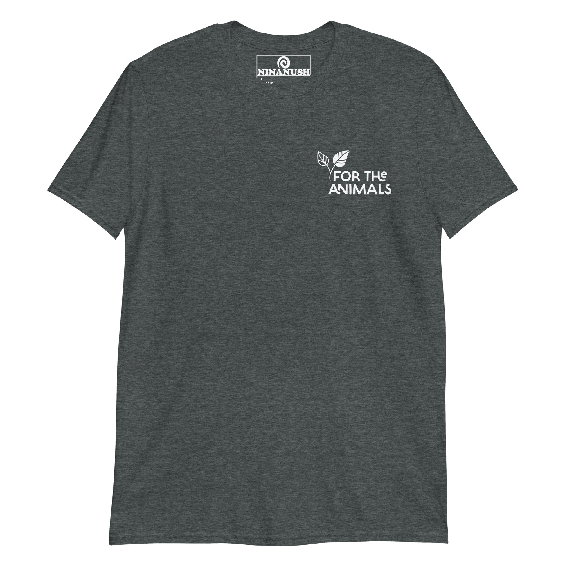 Dark heather gray for the animals t-shirt from Nina's Funky Shop by ninanush - Calling all plant based babes! Make a statement in this unique vegan for the animals t-shirt with the words "for the animals" expertly printed on the front. It's a shirt for ethical vegan or a gift for plant based babes of all kinds. This simple and meaningful vegan tee is designed by Nina and made just for you.