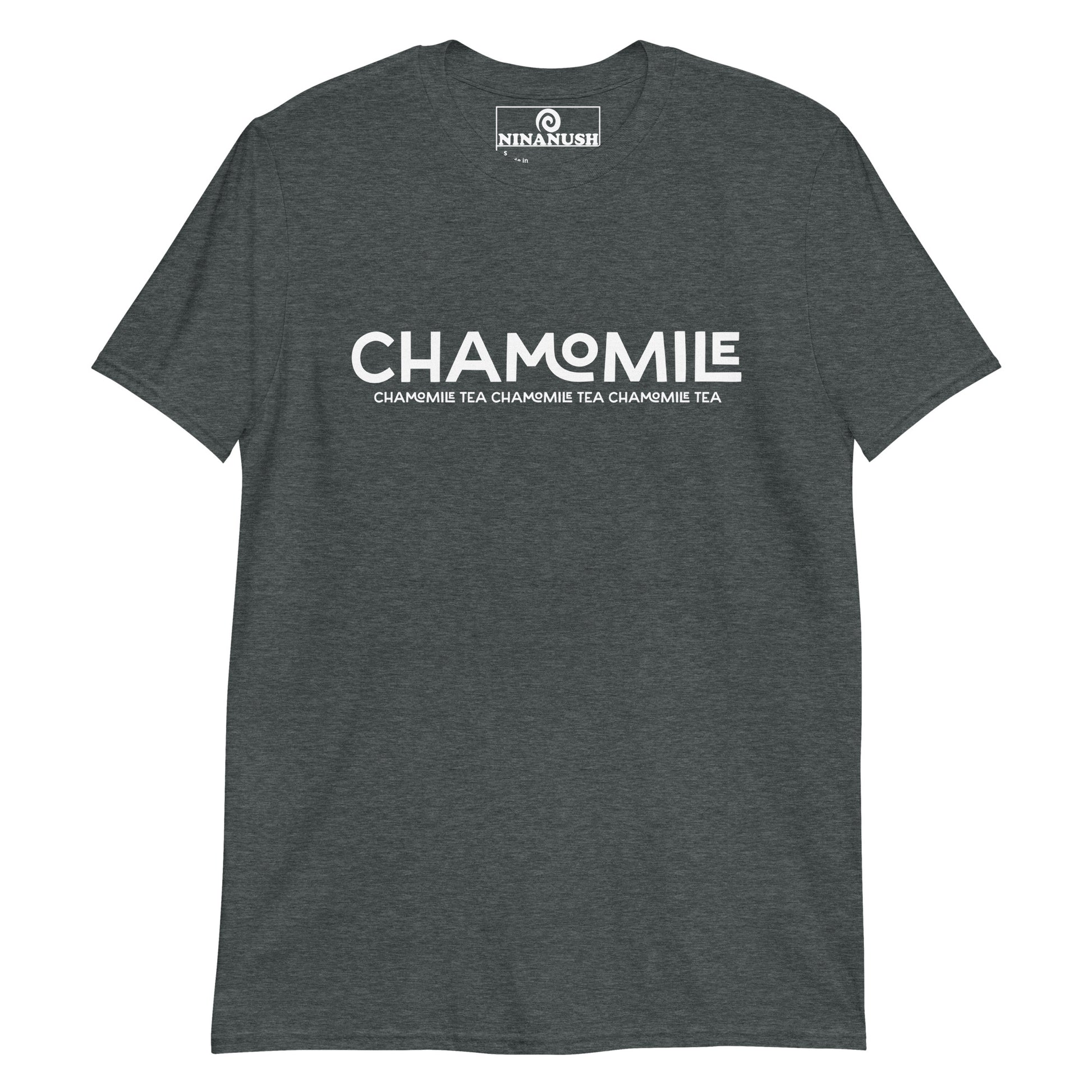 Dark heather gray chamomile shirt from Nina's Funky Shop by ninanush -A unisex cotton shirt for chamomile tea lovers. Share your passion for chamomile in this unique tea shirt. It's soft, comfortable and the perfect shirt for a tea drinkers of all kinds. Drink tea in style with this chamomile shirt of give it as a gift for a tea enthusiast. It's designed by Nina and made just for you.