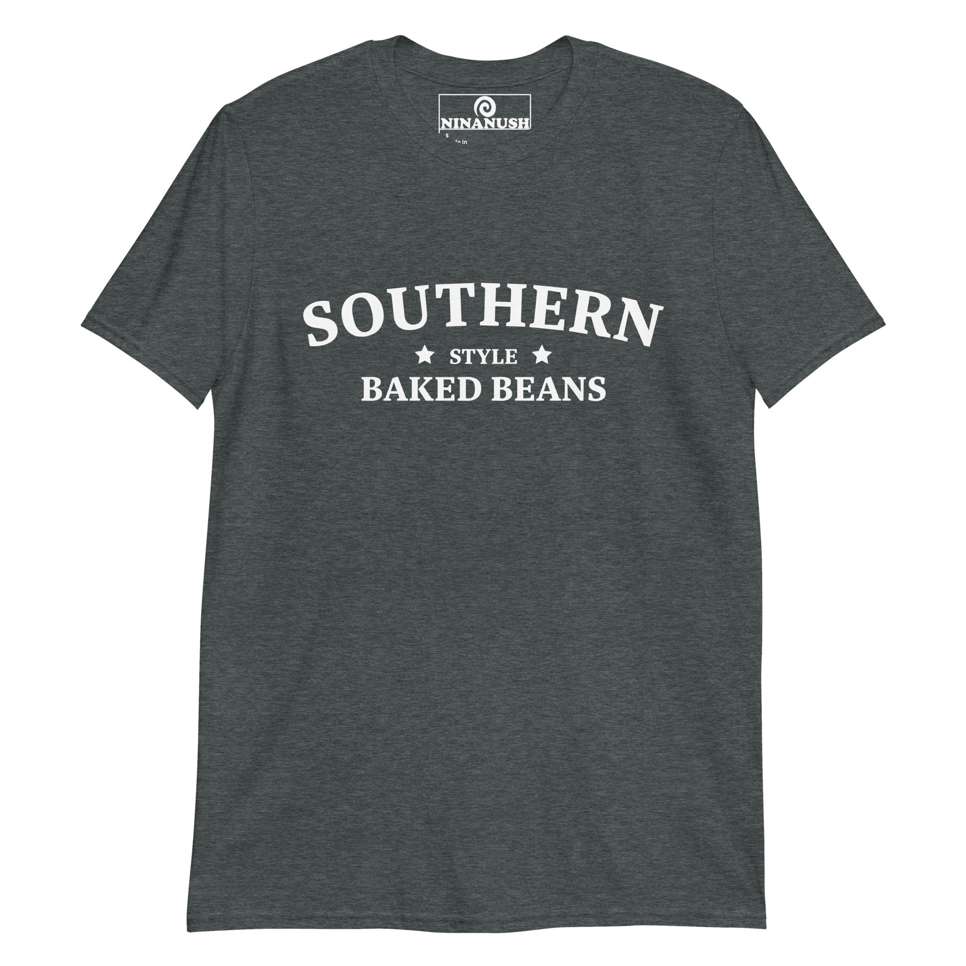 Dark heather gray southern style baked beans t-shirt from Nina's Funky Shop - A funny baked beans t-shirt that's unique and made just for you. 🌟 Eat your favorite baked beans in this quirky t-shirt for southern baked bean lovers and foodies of all kinds. Add a little personality to your style in this baked bean enthusiast t-shirt or give it as a funny gift for a fellow bean aficionado.