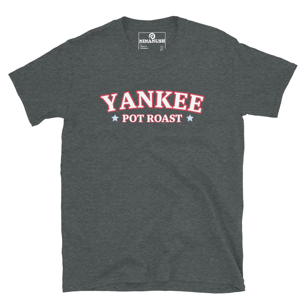 Heather gray yankee pot roast t-shirt from Nina's Funky Shop by ninanush - The Yankee Pot Roast shirt is designed for pot roast lovers. Wear this funny food shirt and add a little personality to your everyday style. Or give this weird t-shirt as a funny gift for a New England Foodie. Celebrate your favorite foods and drinks in our funky foodie apparel, designed by Nina and made just for you.