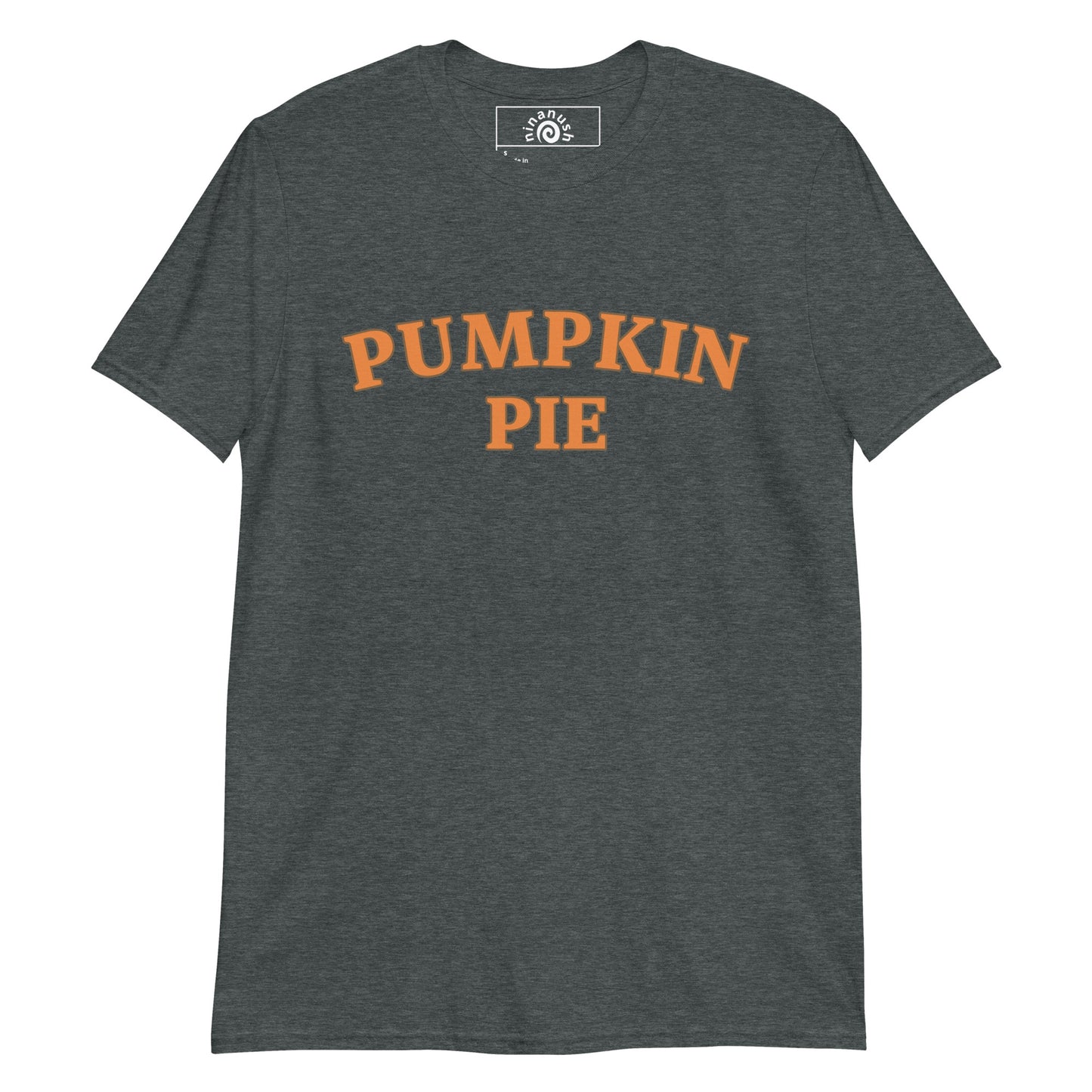 Dark gray pumpkin pie t-shirt from Nina's Funky Shop by ninanush - This pumpkin pie t-shirt is comfortable, soft, and the perfect graphic tee for pumpkin enthusiasts. Add a little personality to your everyday style with this stand-out pumpkin lover shirt or give it as a gift to your favorite pie aficionado. It's a classic cotton tee with an original orange pumpkin pie design by Nina.