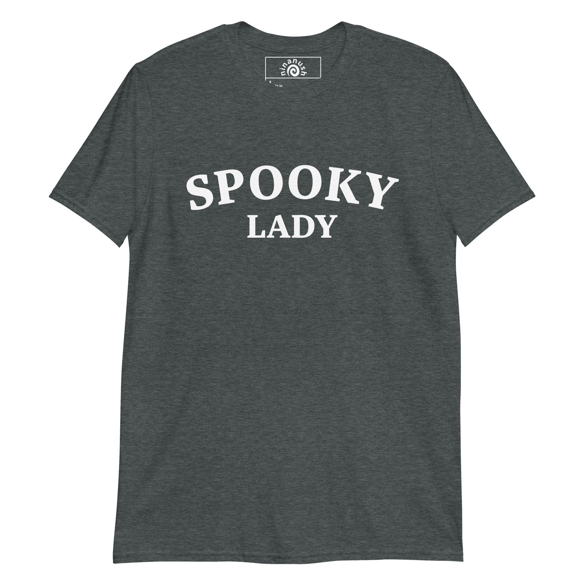 Dark gray Spooky Lady T-shirt from Nina's Funky Shop by ninanush - This spooky lady shirt is a soft and comfortable cotton tee with the words "Spooky Lady", expertly printed on the front. Make a statement in this spooky graphic tee or give it as a funny gift for spooky season. It's a classic t-shirt with an original design by Nina.