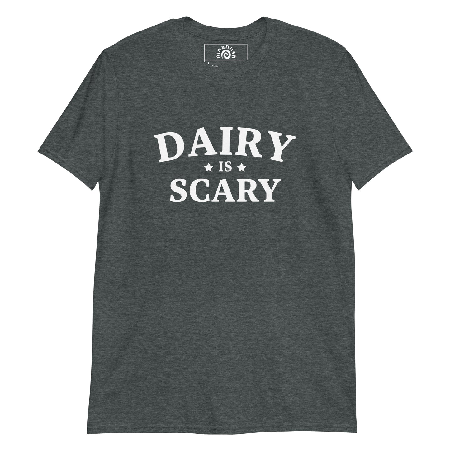 Dark gray Dairy is Scary T-shirt from Nina's Funky Shop by ninanush - Dairy is scary for a number of reasons, so here is a funny anti dairy t-shirt for members of the dairy free club. This Dairy is Scary shirt is soft, comfortable and designed for dairy rejecters of all kinds. Celebrate your favorite foods and drinks in our funky foodie apparel, designed by Nina and made just for you. 