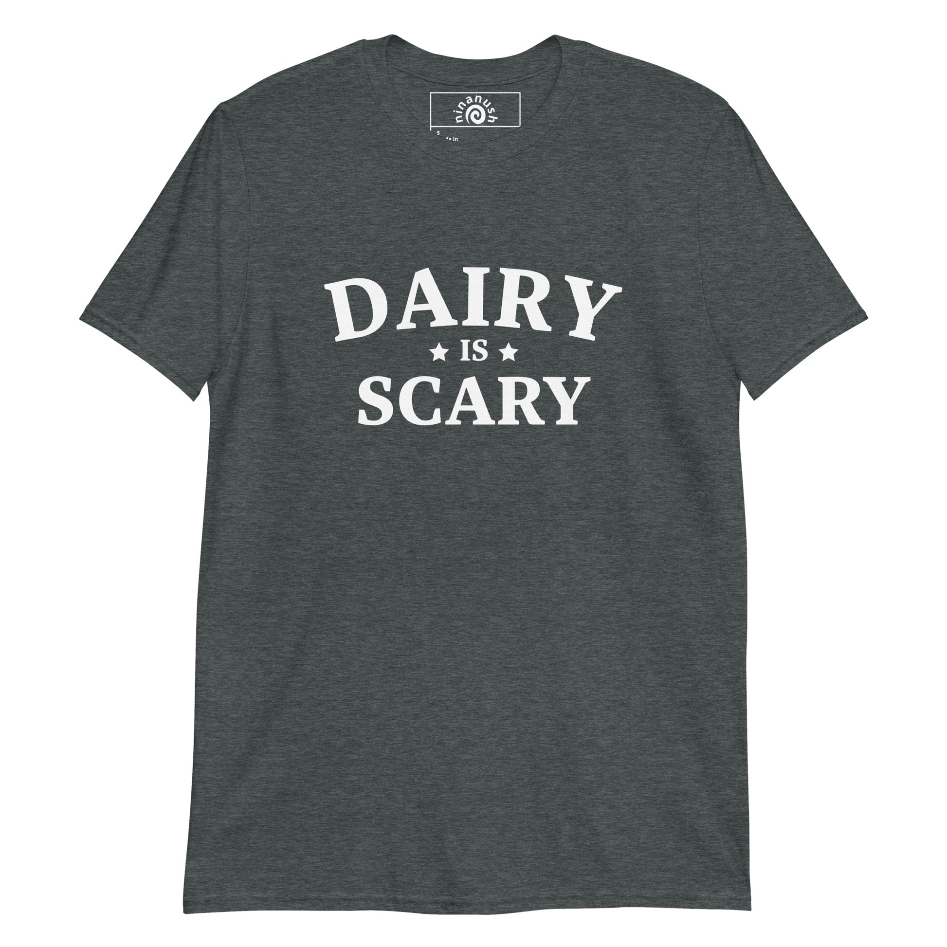 Dark gray Dairy is Scary T-shirt from Nina's Funky Shop by ninanush - Dairy is scary for a number of reasons, so here is a funny anti dairy t-shirt for members of the dairy free club. This Dairy is Scary shirt is soft, comfortable and designed for dairy rejecters of all kinds. Celebrate your favorite foods and drinks in our funky foodie apparel, designed by Nina and made just for you. 