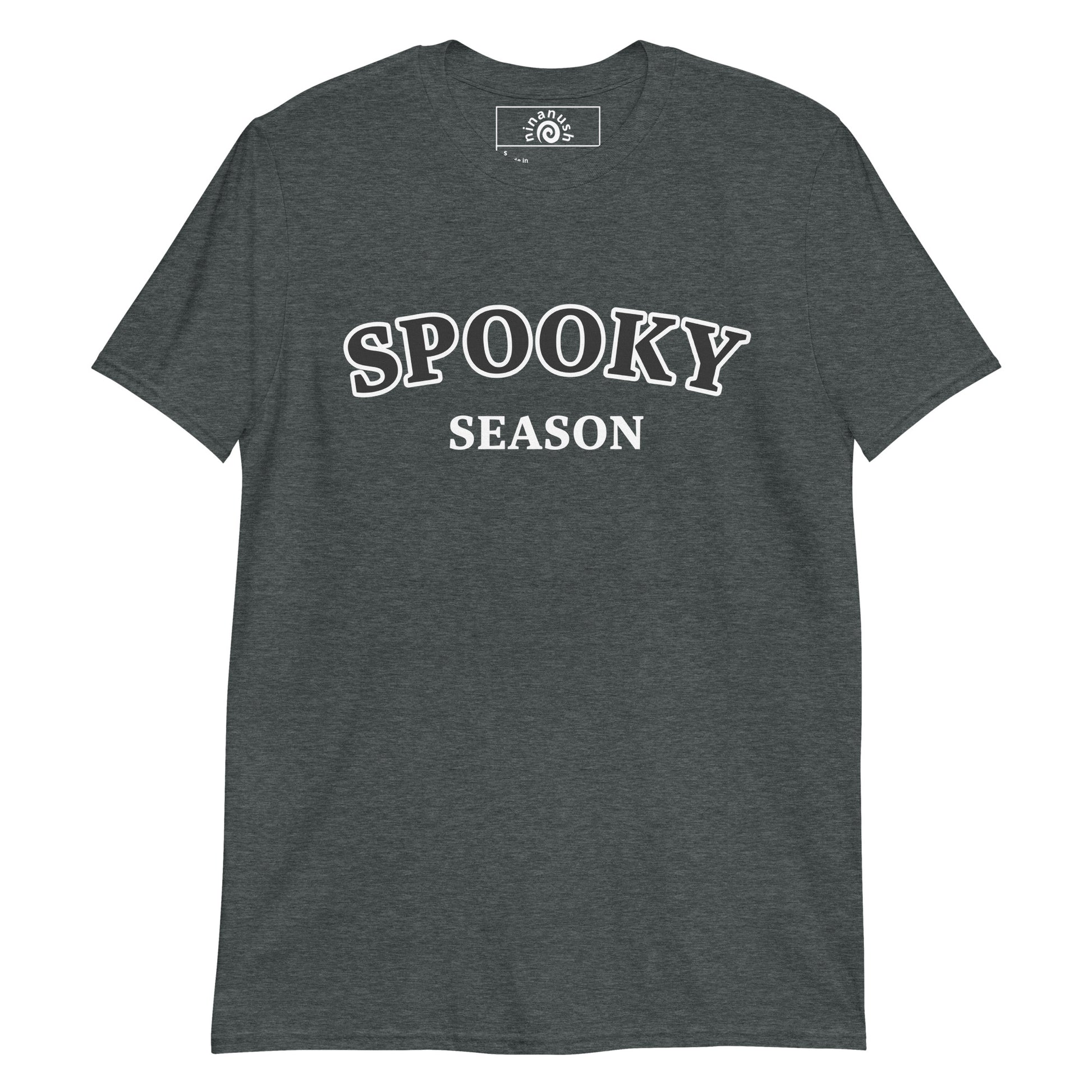 Dark gray spooky season t-shirt from Nina's Funky Shop by ninanush - The Spooky Season T-shirt. Whether you're celebrating spooky season this fall or channeling your spooky year round, this spooky season shirt was designed for you! It's a soft and comfortable tee with "Spooky Season", printed college-style on the front. Show off your spooky pride in this funny spooky season t-shirt.