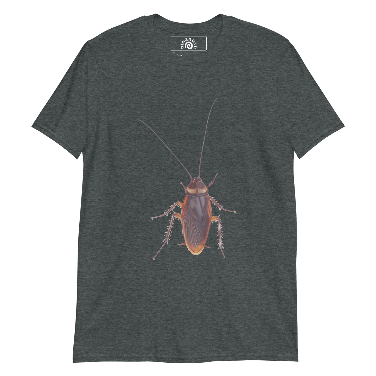 Dark gray cockroach t-shirt with large brown cockroach climbing up from Nina's Funky Shop by ninanush - Cockroaches are cool. This cockroach t-shirt is soft and comfortable with a totally unique and funky cockroach design. It's a funny t-shirt for insect enthusiasts and a statement graphic tee that's sure to turn heads. Give this weird shirt as a sarcastic gift or add a little personality to your everyday style.