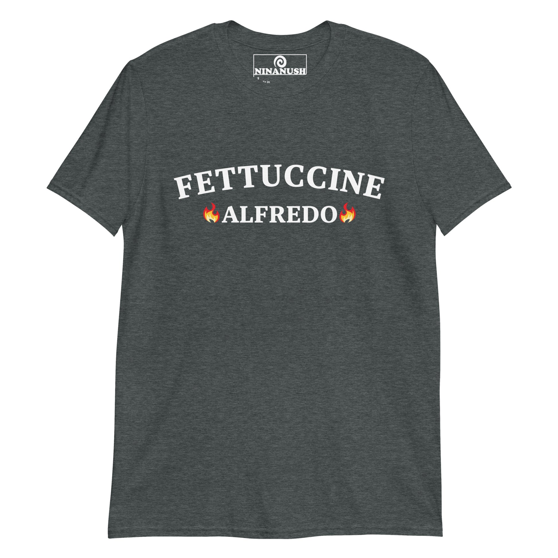 Dark gray Fettuccine Alfredo Shirt from Nina's Funky Shop by ninanush - Make a statement in this fettuccine Alfredo shirt. If you love fettuccine Alfredo, this funny food shirt was designed just for you. It's the perfect college-style funny pasta t-shirt for foodies of all kinds. Celebrate your favorite foods and drinks in our funky foodie apparel, designed by Nina and made just for you.