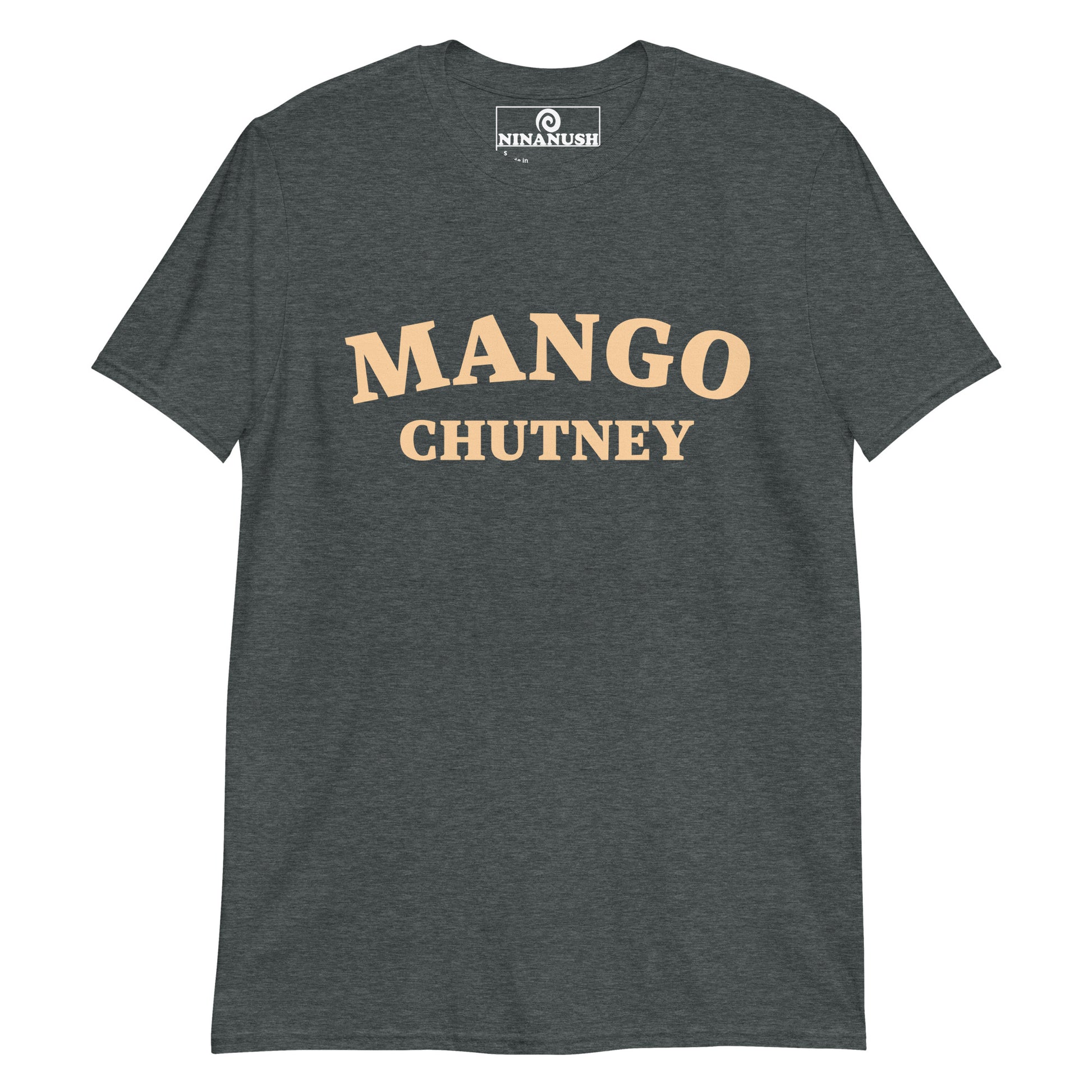 Dark Gray Mango Chutney T-shirt from Nina's Funky Shop by ninanush - Mango Chutney 🔥 Are you a mango chutney enthusiast? Looking for a unique foodie gift? Look no further! Our Mango Chutney T-shirt is just what you need. It's a college-style, crew neck foodie shirt for Indian food lovers and foodies of all kinds. If you love mango chutney, this funny food shirt was designed just for you.