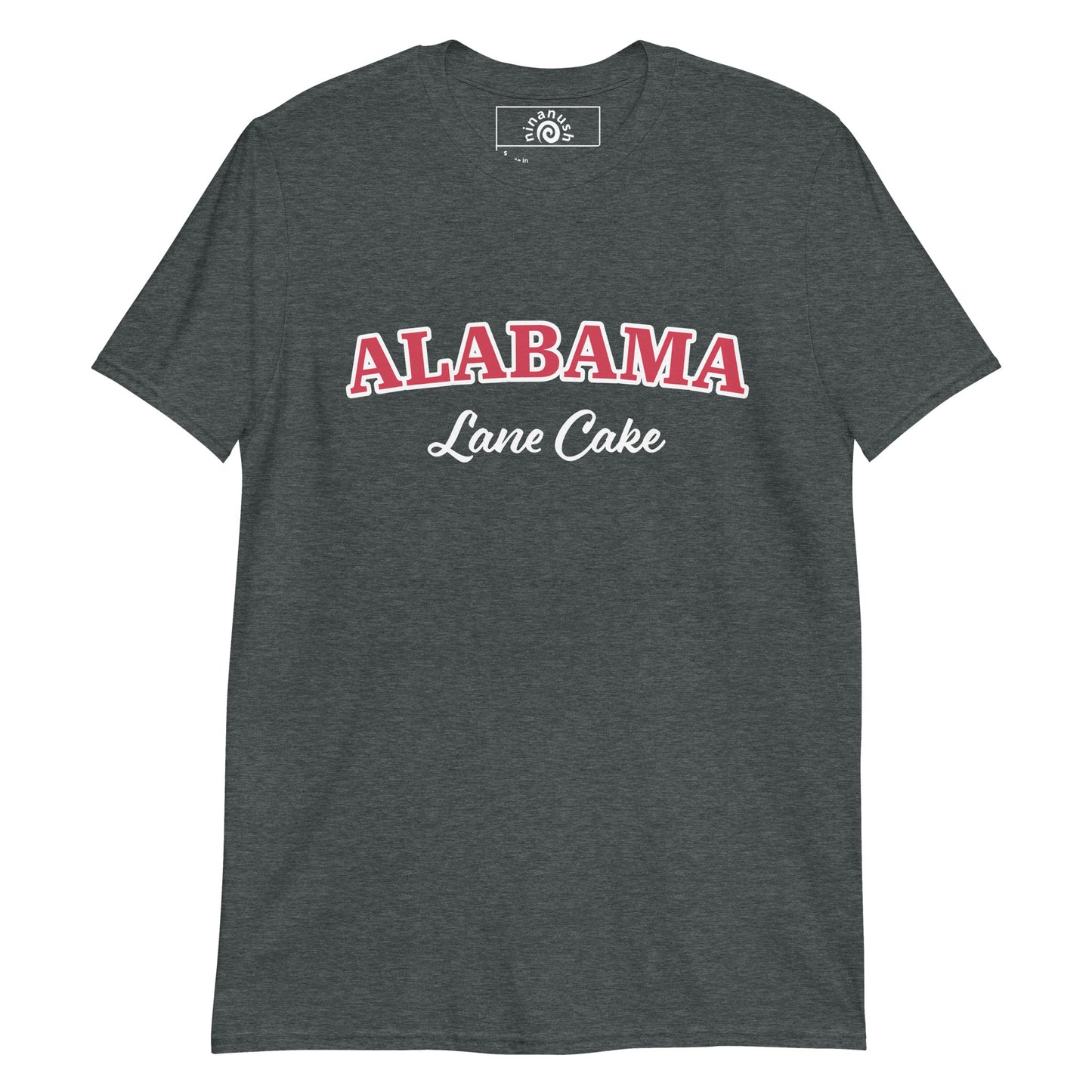 Dark Gray Alabama Lane Cake T-shirt from Nina's Funky Shop by ninanush - Alabama official state dessert? Lane cake! Do you love lane cake? Looking for a fun gift an an Alabama foodie? Our Alabama Lane Cake Shirt is just what you need! It's a unisex, crew neck T-shirt that's soft and comfortable with "Alabama Lane Cake", expertly printed on the front. Eat lane cake in this fun foodie tee.