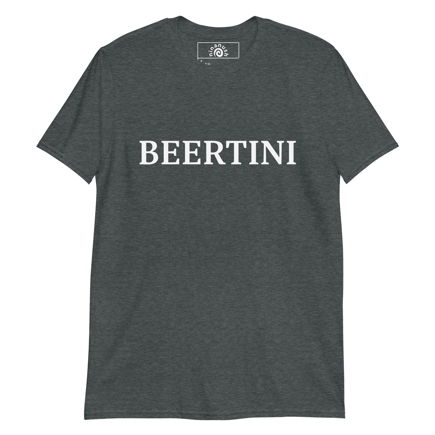 Dark Gray Beertini T-shirt from Nina's Funky Shop by ninanush - Big fan of beertinis? Looking for a fun Midwestern gift? Our Beertini Shirt is just what you need! It's a unisex, crew neck T-shirt that's soft and comfortable with "Beertini", expertly printed on the front. Drink your beertini and eat your olives in this funny Midwestern cocktail shirt. Designed by Nina.