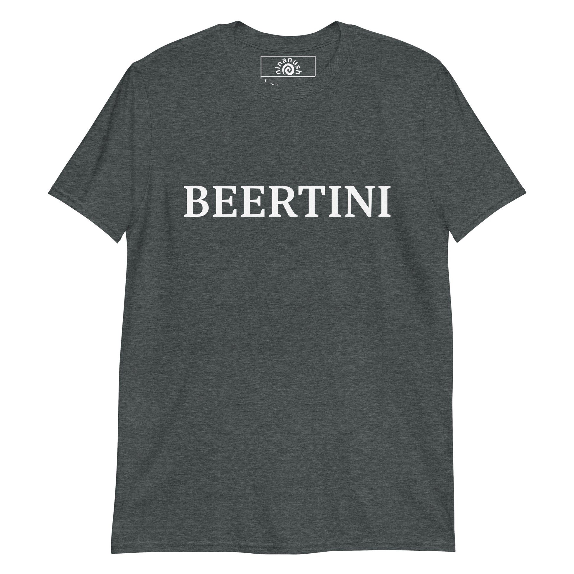 Dark Gray Beertini T-shirt from Nina's Funky Shop by ninanush - Big fan of beertinis? Looking for a fun Midwestern gift? Our Beertini Shirt is just what you need! It's a unisex, crew neck T-shirt that's soft and comfortable with "Beertini", expertly printed on the front. Drink your beertini and eat your olives in this funny Midwestern cocktail shirt. Designed by Nina.