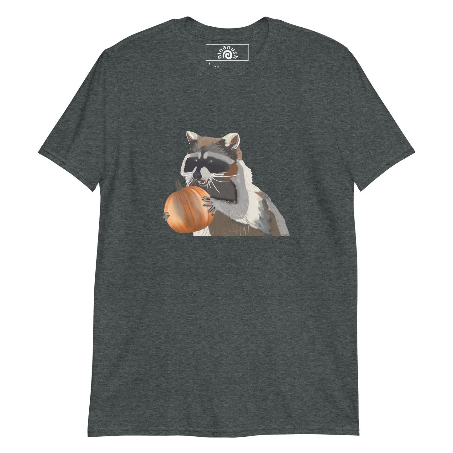 Gray raccoon holding a pumpkin t-shirt from Nina's Funky Shop by ninanush - Do you raccoons? Looking for a cute Halloween shirt? This funny spooky season T-Shirt is just what you need. It's a soft and comfortable cotton shirt with a funky design of a raccoon holding an orange pumpkin. Hand drawn graphic by Nina and totally unique. Stay weird and stand out in this funny raccoon graphic tee.