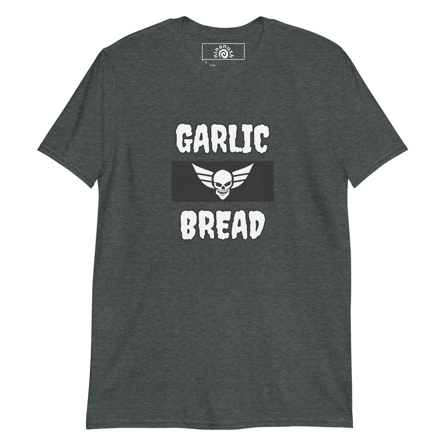 Dark Gray Garlic Bread Scull T-Shirt from Nina's Funky Shop by ninanush - Do you love garlic bread? Looking for a funny gift for a friend? This Garlic Bread T-Shirt is just for you! It's soft, made of comfortable cotton and has a funny foodie design, expertly printed on the front. This spooky foodie tee comes in a variety of colors and makes the perfect shirt for garlic bread enthusiasts.