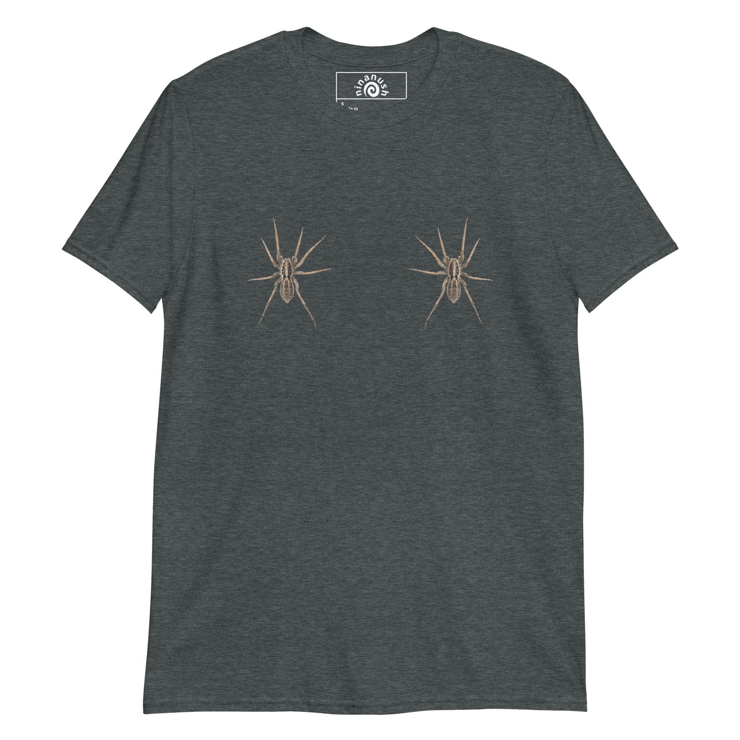 Dark Gray Wolf Spider Boob T-shirt from Nina's Funky Shop by ninanush - Do you like spiders? Looking for a funny Halloween shirt? This spooky spider T-Shirt is just what you need. It's a soft and comfortable cotton shirt with a two wolf spiders on the chest. Our funny spider t-shirt design is expertly printed and made just for you. Stay weird and stand out in this wolf spider t-shirt.