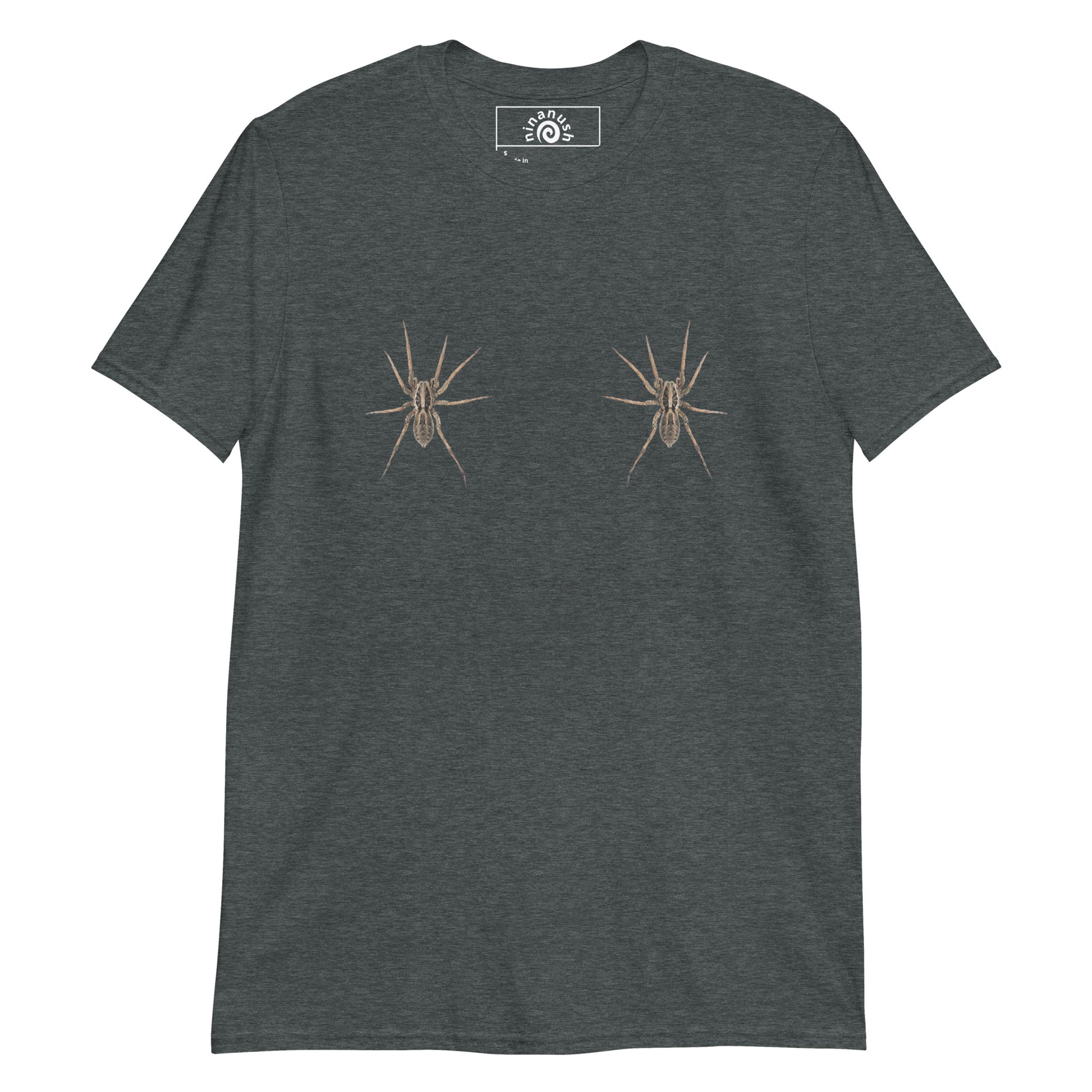 Dark Gray Wolf Spider Boob T-shirt from Nina's Funky Shop by ninanush - Do you like spiders? Looking for a funny Halloween shirt? This spooky spider T-Shirt is just what you need. It's a soft and comfortable cotton shirt with a two wolf spiders on the chest. Our funny spider t-shirt design is expertly printed and made just for you. Stay weird and stand out in this wolf spider t-shirt.