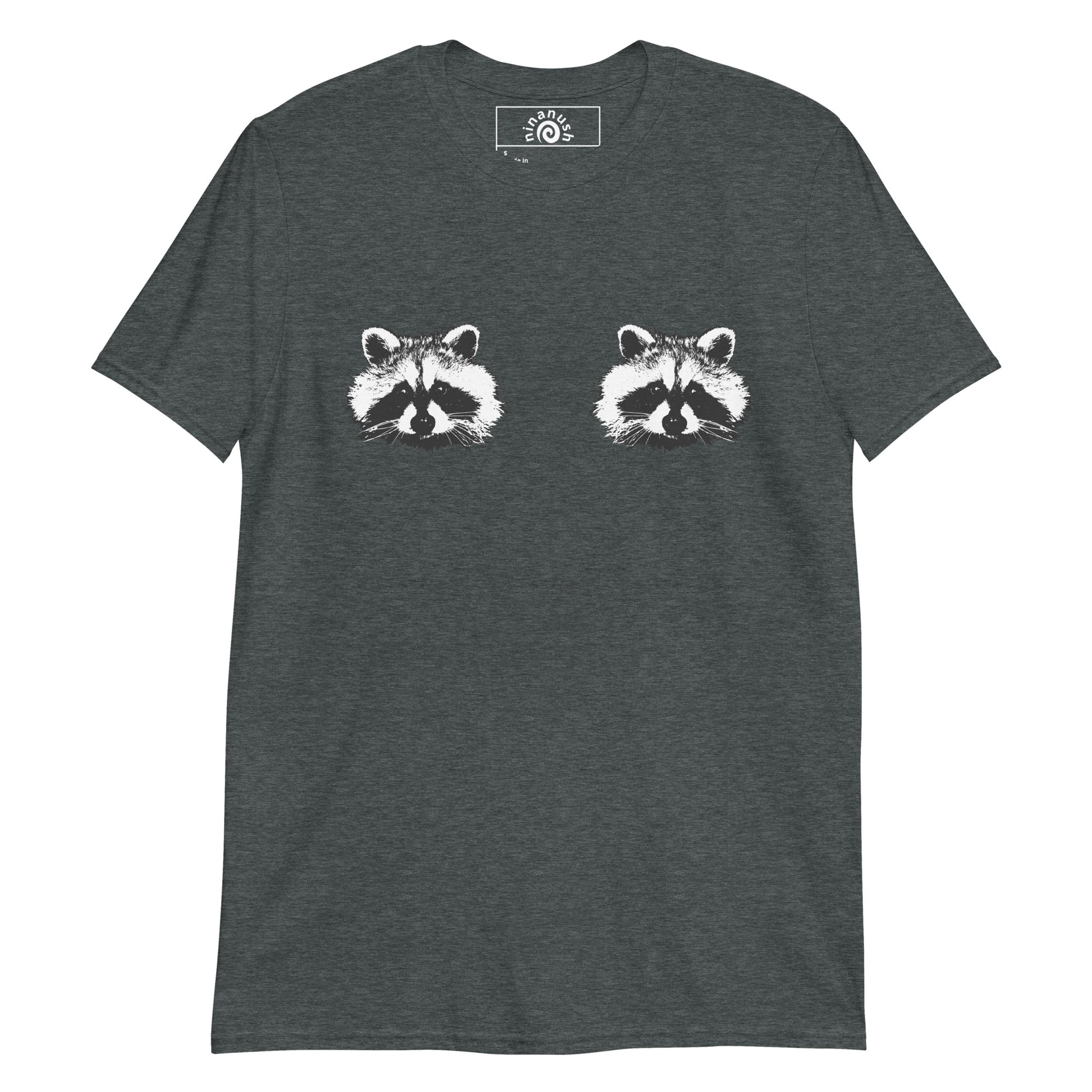 Dark Gray Raccoon Boobs T-shirt from Nina's Funky Shop by ninanush - Do you love raccoons? Looking for a fun raccoon gift? This funny raccoon t-shirt is just what you need. It's a soft and comfortable cotton shirt with raccoons on the chest. Our black and white raccoons t-shirt design is expertly printed and made just for you. Stay weird and stand out in this raccoon boobs t-shirt.