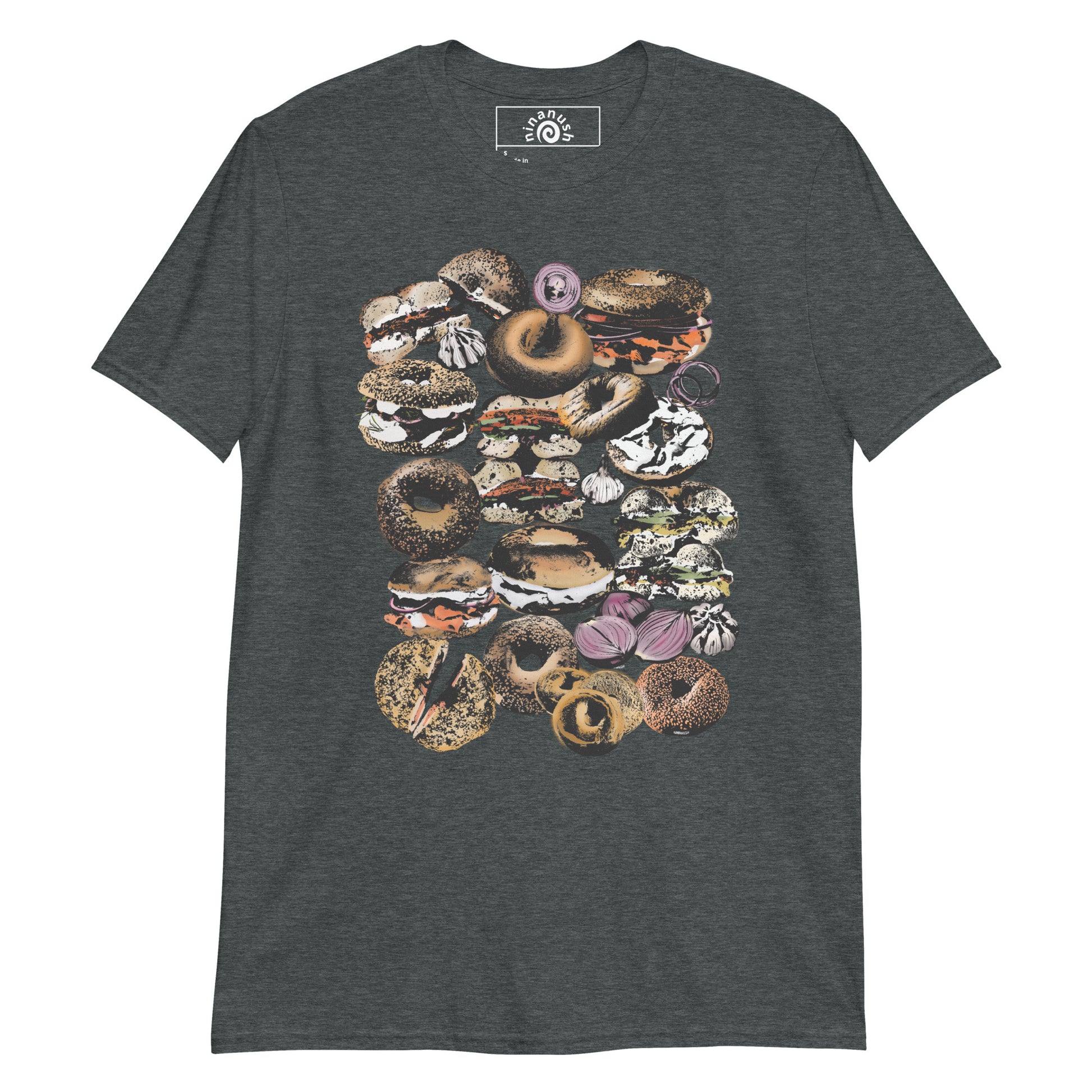 Dark Gray Bagel Shirt from Nina's Funky Shop by ninanush - Are you a bagel enthusiast? Looking for a bagel lover gift? This funky and colorful bagel shirt features bagels, garlic and onions together in the ultimate bagel lover shirt design. Stand out and eat bagels in this funky everything bagel shirt. It's a funny foodie t-shirt for bagel addicts and foodies of all kinds. 