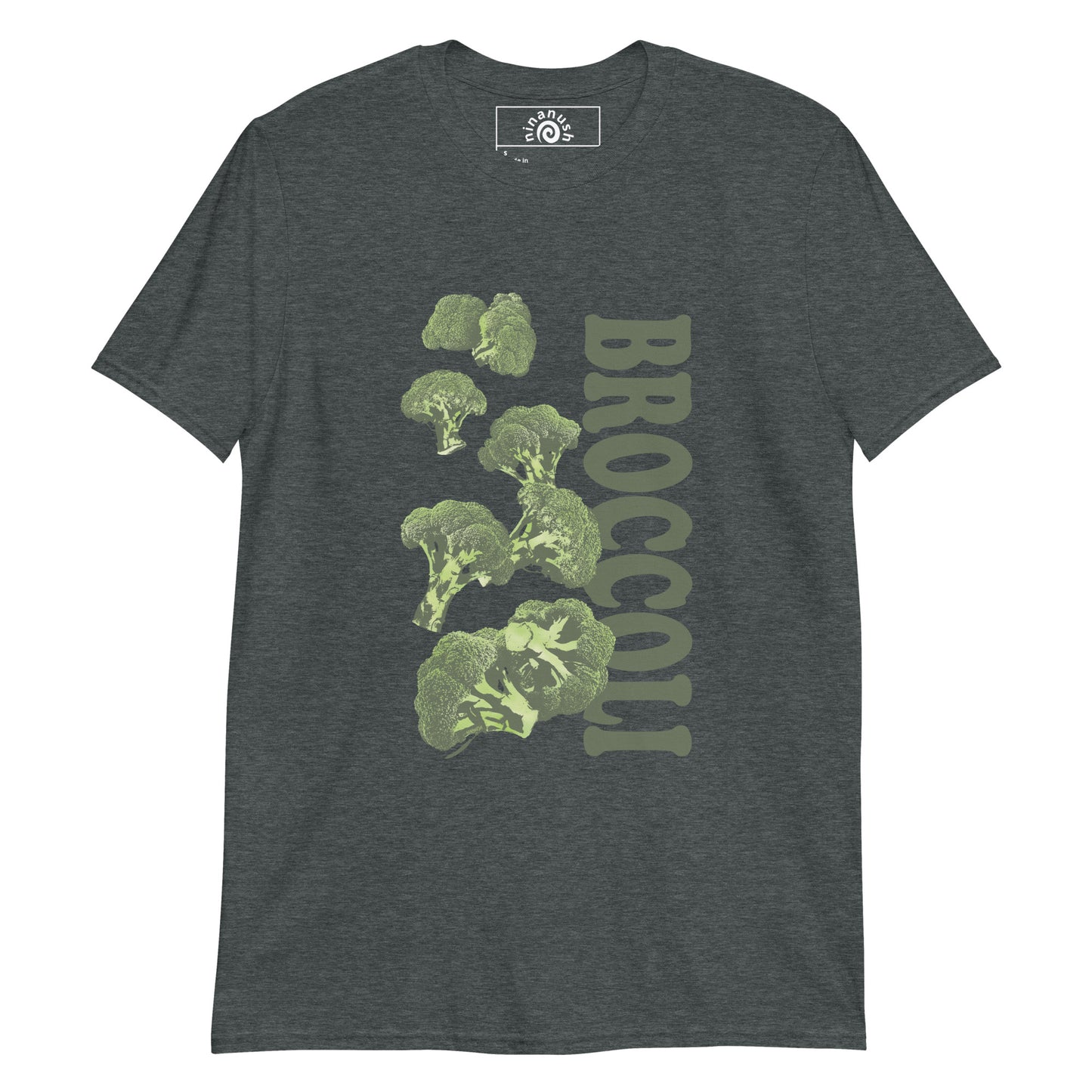 Dark Gray broccoli t-shirt from Nina's Funky Shop by ninanush - Love broccoli? Looking for a funny gift? This green broccoli T-shirt has an unique veggie design by Nina, expertly printed on the front. Stand out and make a statement in this weird foodie t-shirt. It's the perfect funny foodie t-shirt for broccoli enthusiasts and foodies or a gift for quirky t-shirt lovers of all kinds.